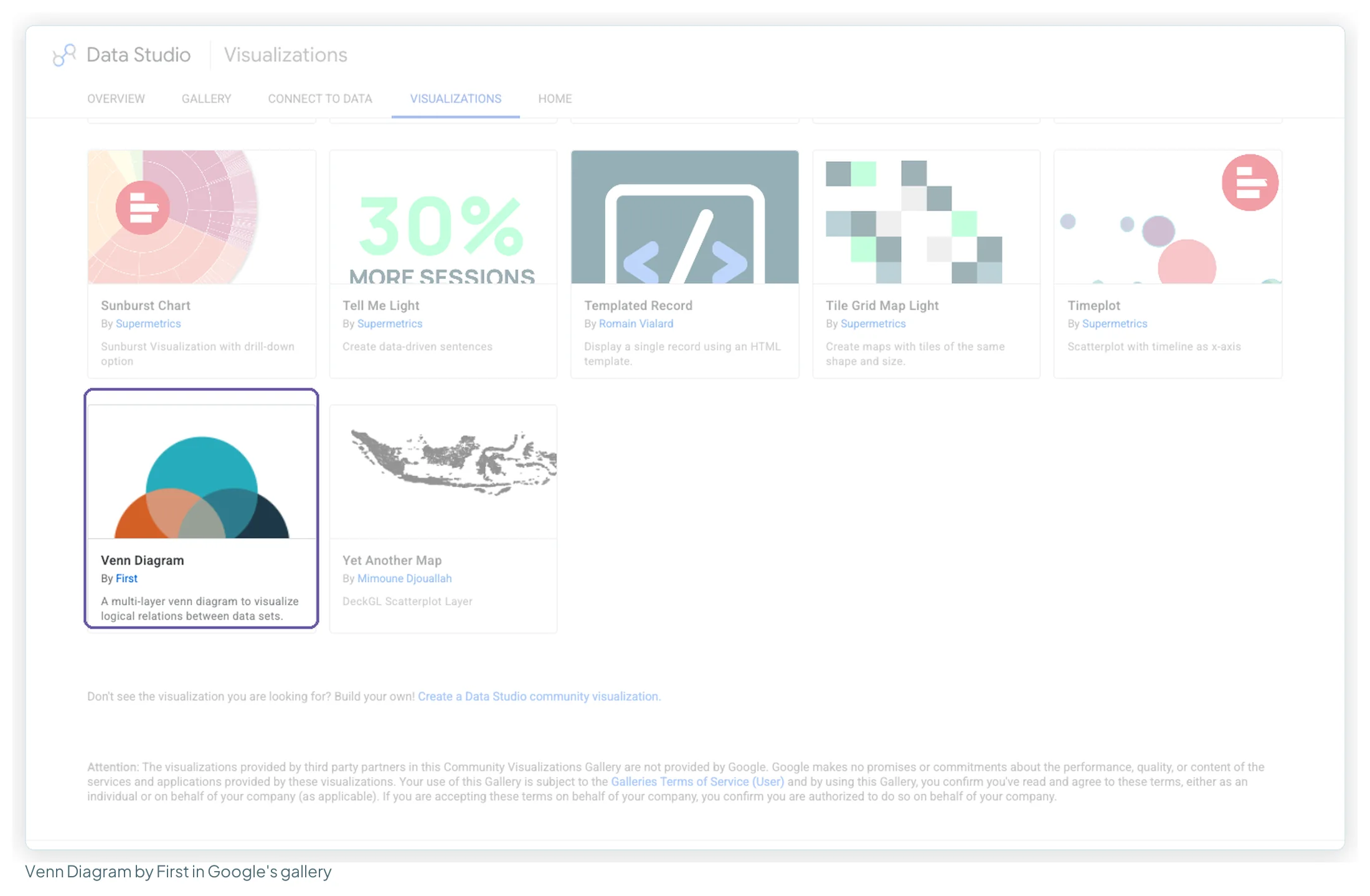Google's public visualisation gallery with the Venn Diagram card by First highlighted