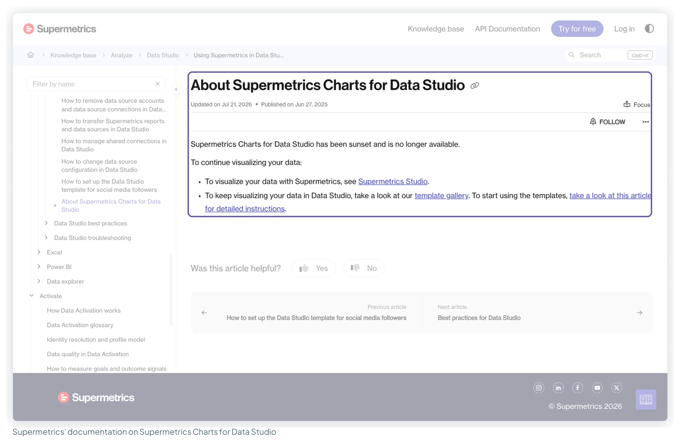 Supermetrics' knowledge base article About Supermetrics Charts for Data Studio, stating the product has been sunset and is no longer available