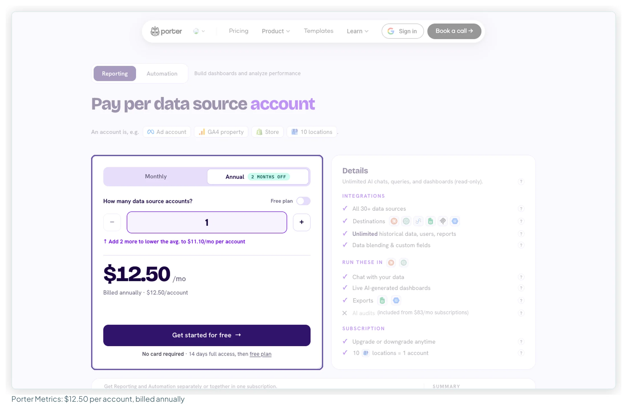 Porter Metrics' pricing calculator at one account on annual billing, 12.50 dollars a month