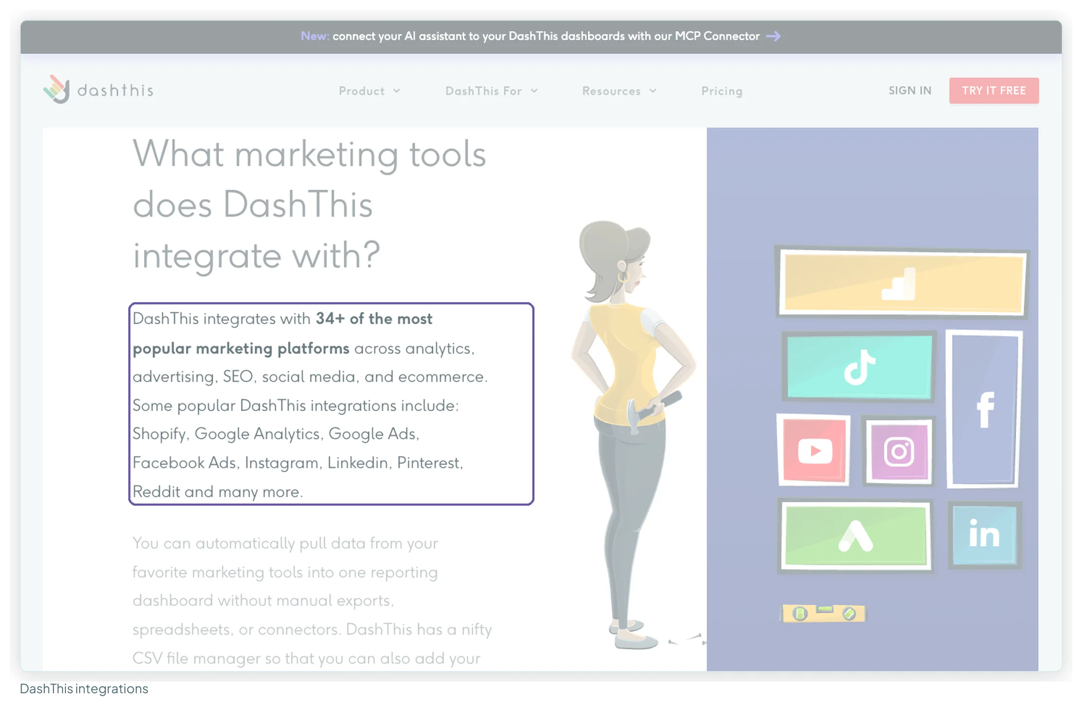DashThis integrations page saying it integrates with 34 plus of the most popular marketing platforms, including Shopify, Google Analytics, Google Ads and Facebook Ads