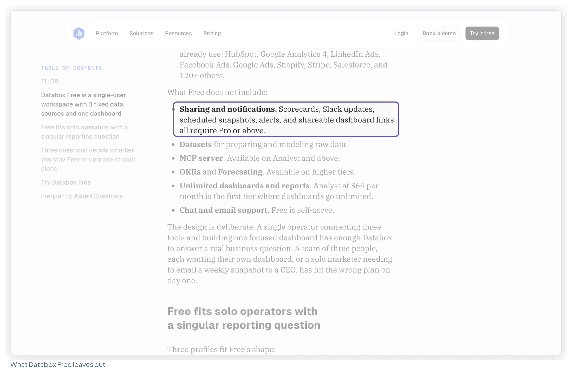 Databox free-plan article listing what Free does not include: sharing and notifications, including shareable dashboard links, datasets, MCP server, OKRs and forecasting