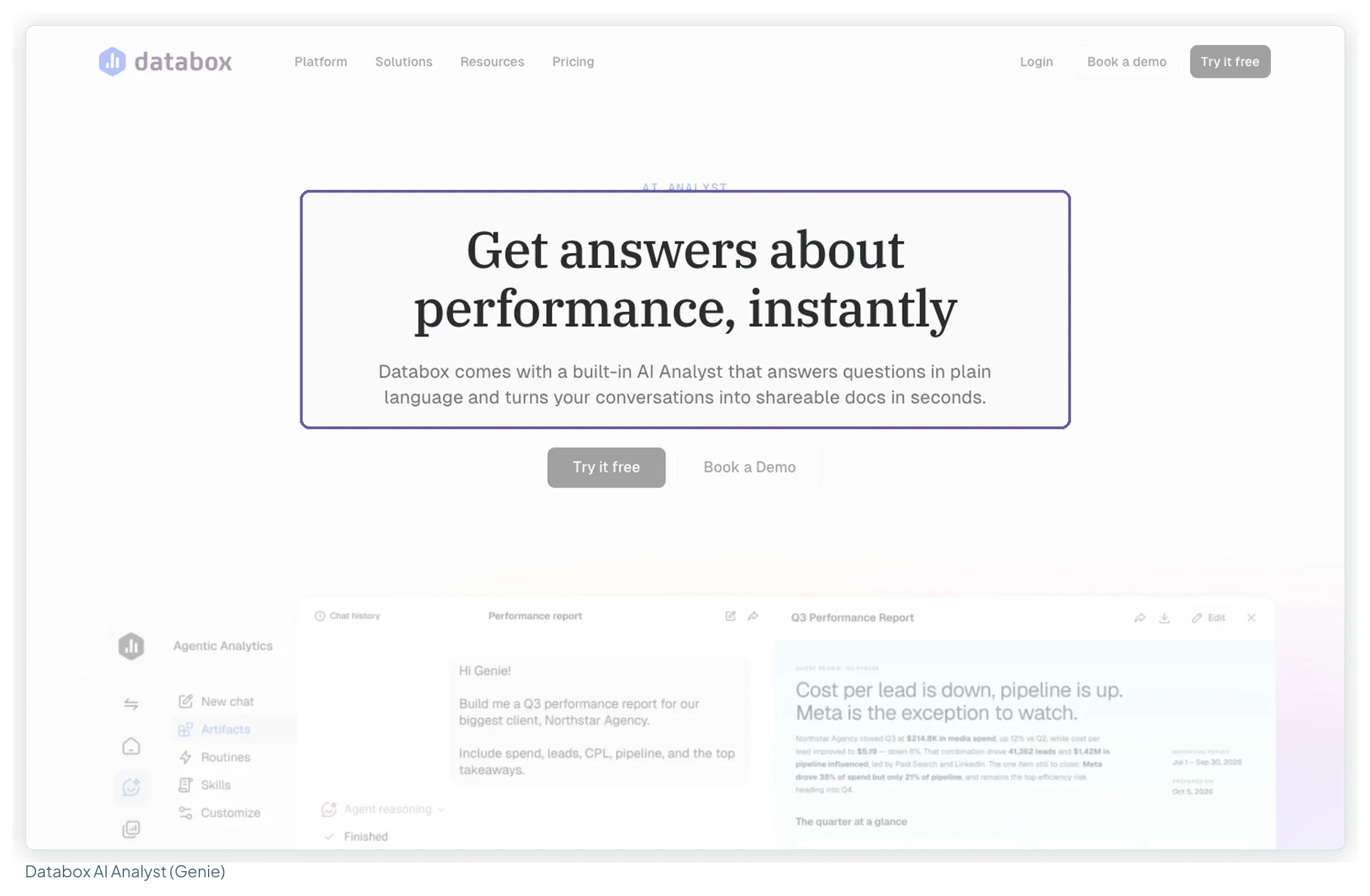 Databox's AI Analyst page headed Get answers about performance, instantly, with a preview of Genie building a report