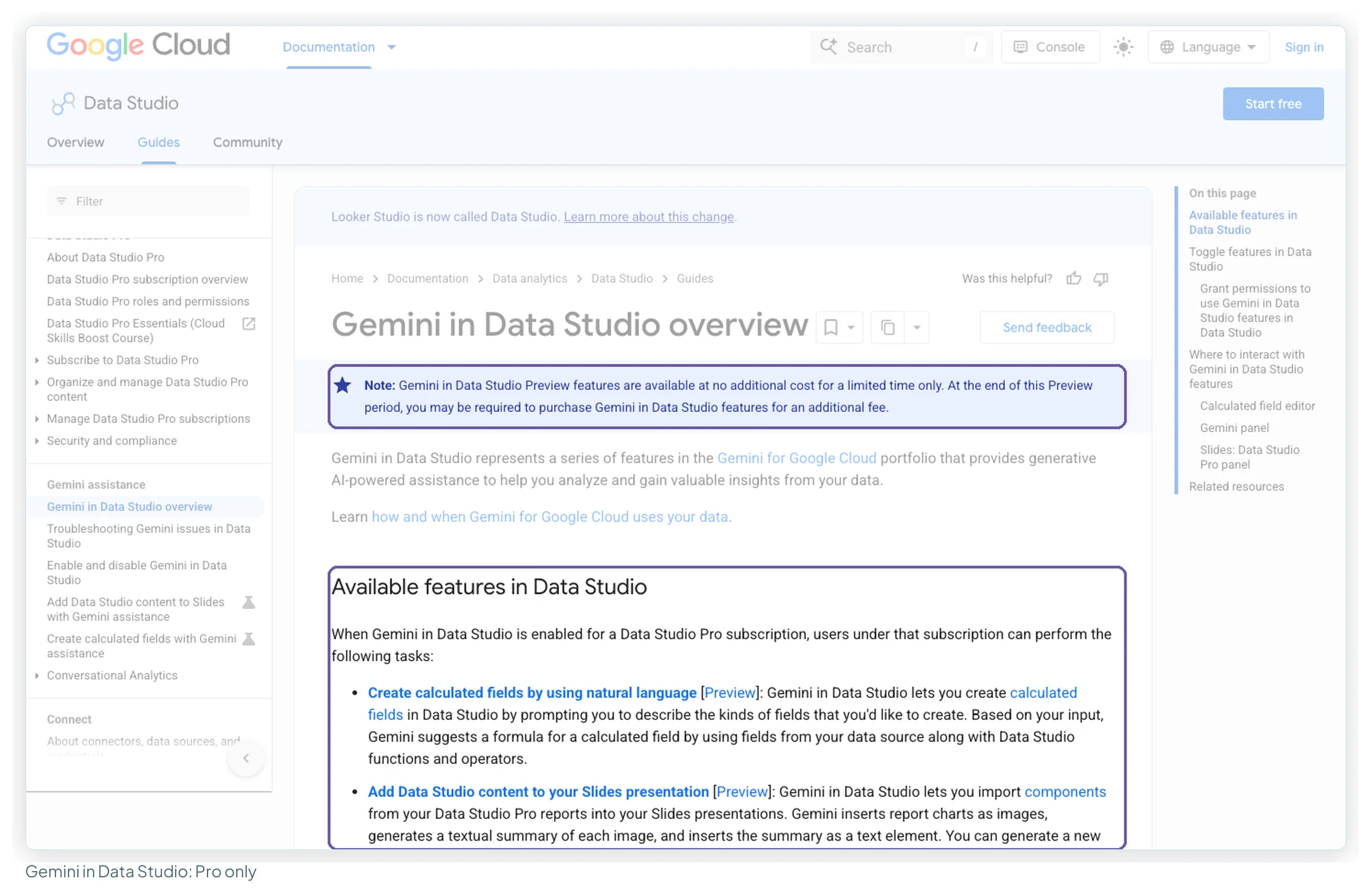 Google documentation page Gemini in Data Studio overview, with the note that Preview features are free for a limited time and the list of features available to Data Studio Pro subscribers
