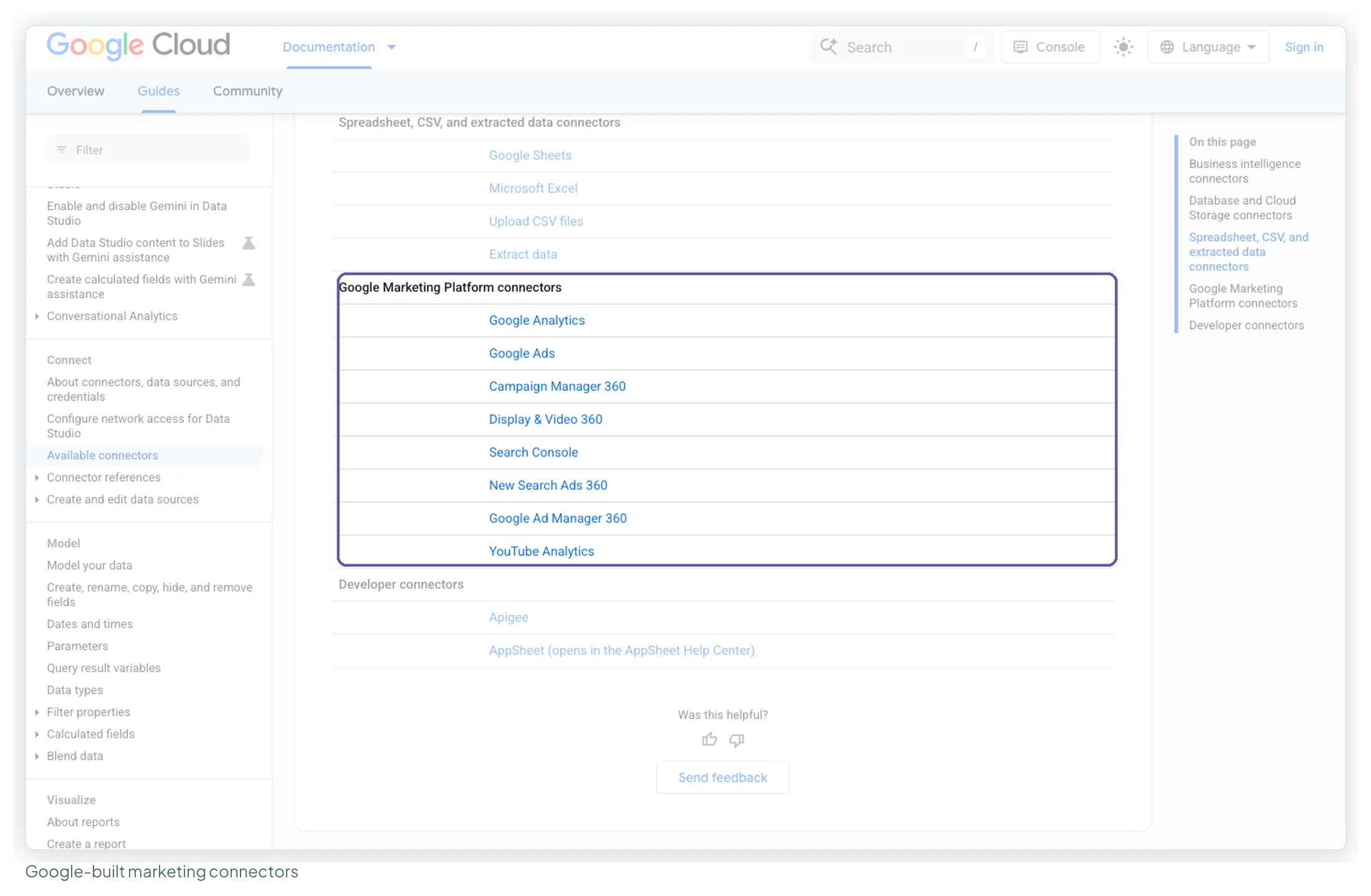 Google's Data Studio connector catalogue with the Google Marketing Platform section highlighted: Google Analytics, Google Ads, Campaign Manager 360, Display and Video 360, Search Console, Search Ads 360, Ad Manager 360 and YouTube Analytics