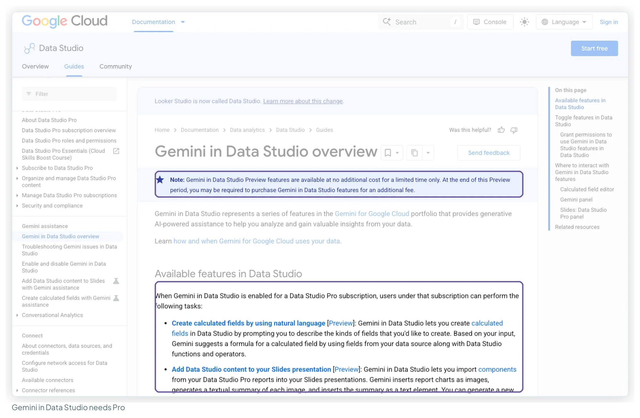 Google's Gemini in Data Studio overview page, with the Preview pricing note and the sentence saying features are available when Gemini is enabled for a Data Studio Pro subscription highlighted