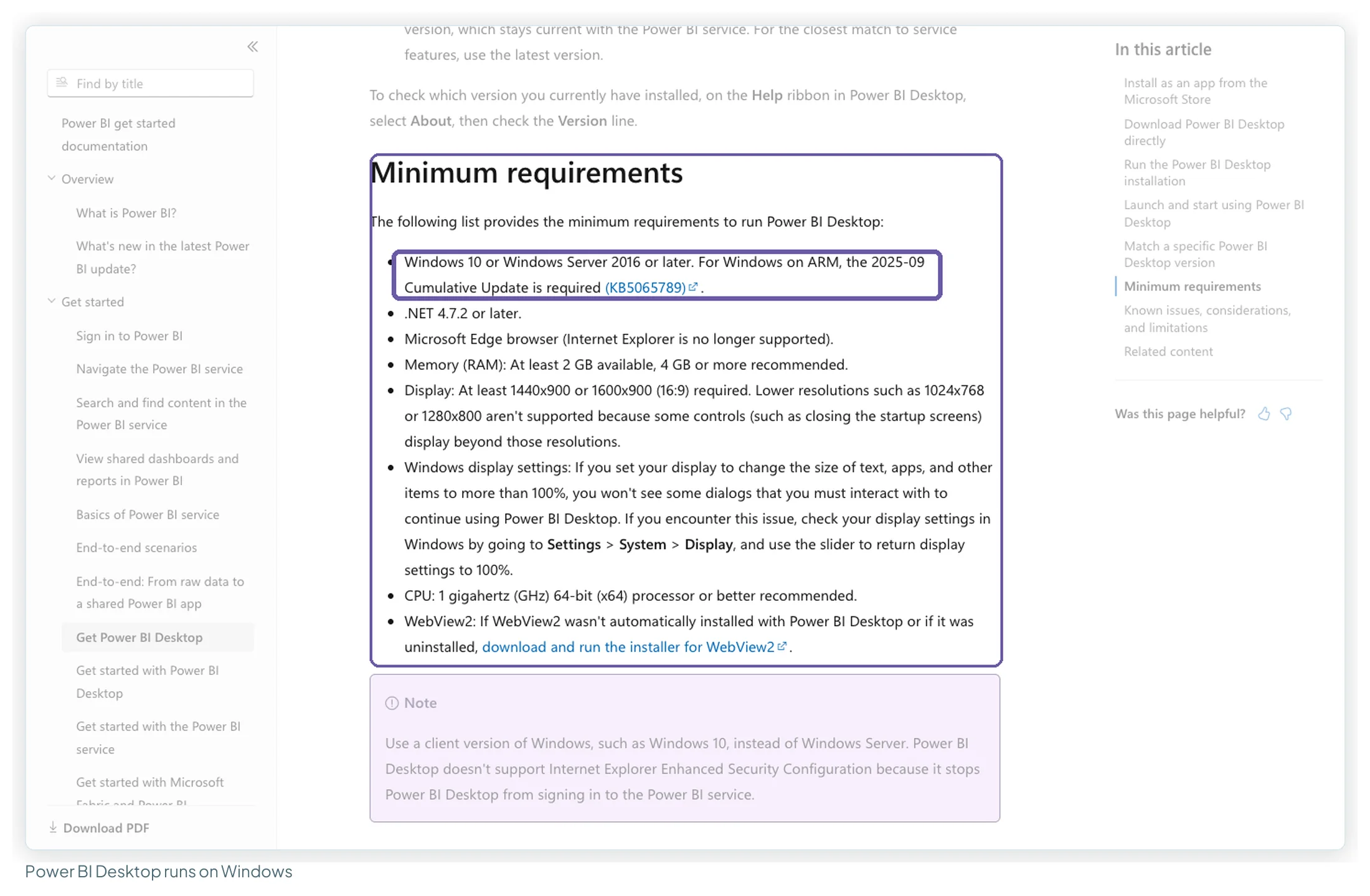 Microsoft Learn page listing the minimum requirements for Power BI Desktop, with Windows 10 or Windows Server 2016 or later highlighted