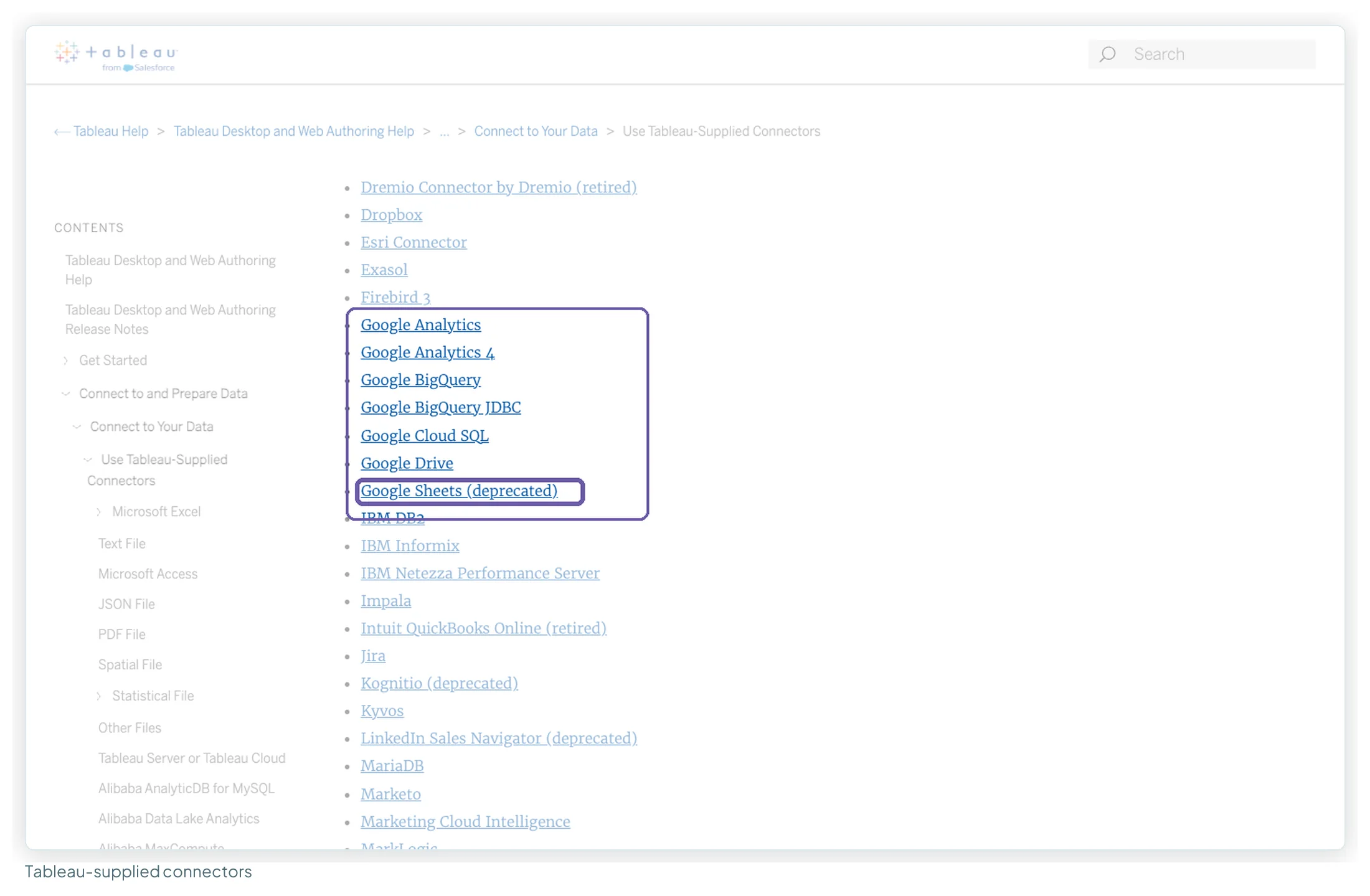 Tableau's list of supplied connectors showing Google Analytics, Google Analytics 4, Google BigQuery, Google Cloud SQL, Google Drive and Google Sheets marked deprecated