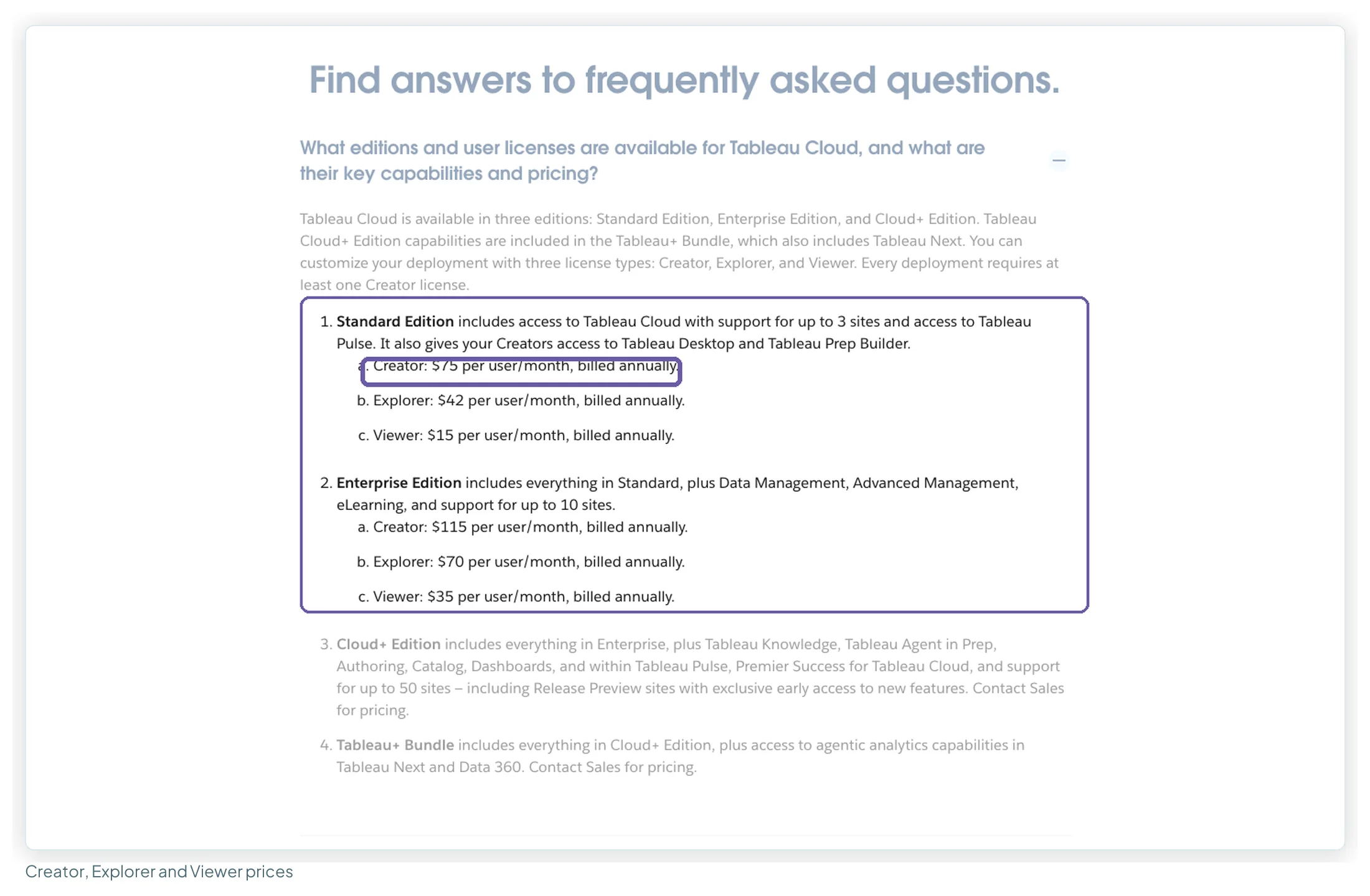 Tableau Cloud pricing FAQ listing Standard Creator 75, Explorer 42 and Viewer 15 dollars, and Enterprise Creator 115, Explorer 70 and Viewer 35 dollars per user per month