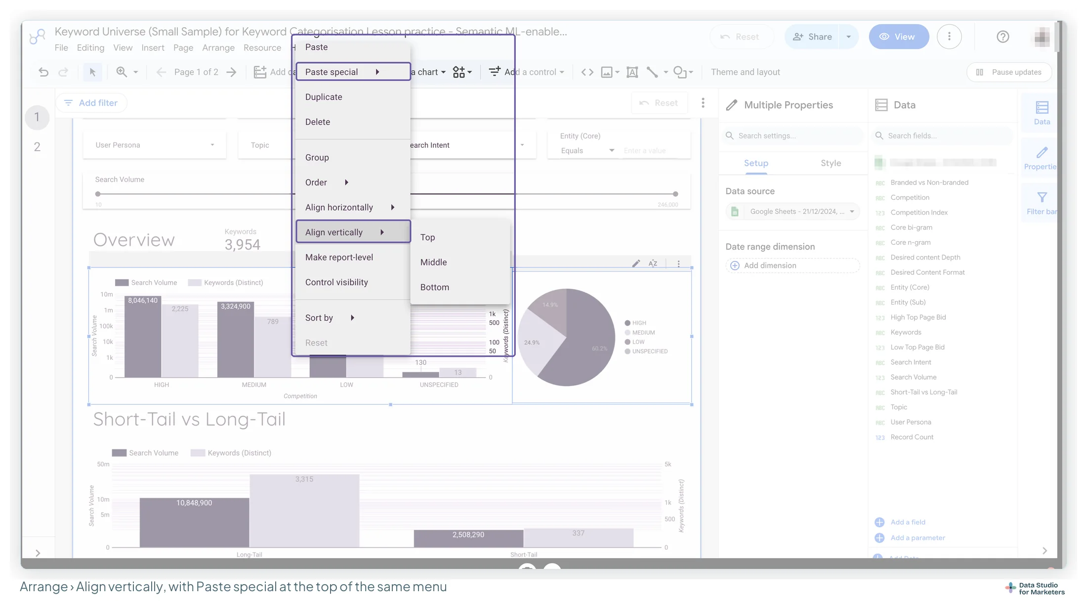 The Data Studio Arrange menu open over a report, with Align vertically highlighted and its submenu showing Top, Middle and Bottom, and Paste special highlighted near the top of the same menu