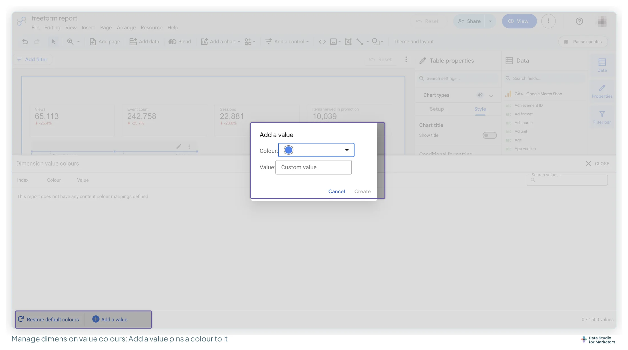 The Data Studio Dimension value colours panel open across the bottom of the editor, with the Add a value dialog showing a colour picker