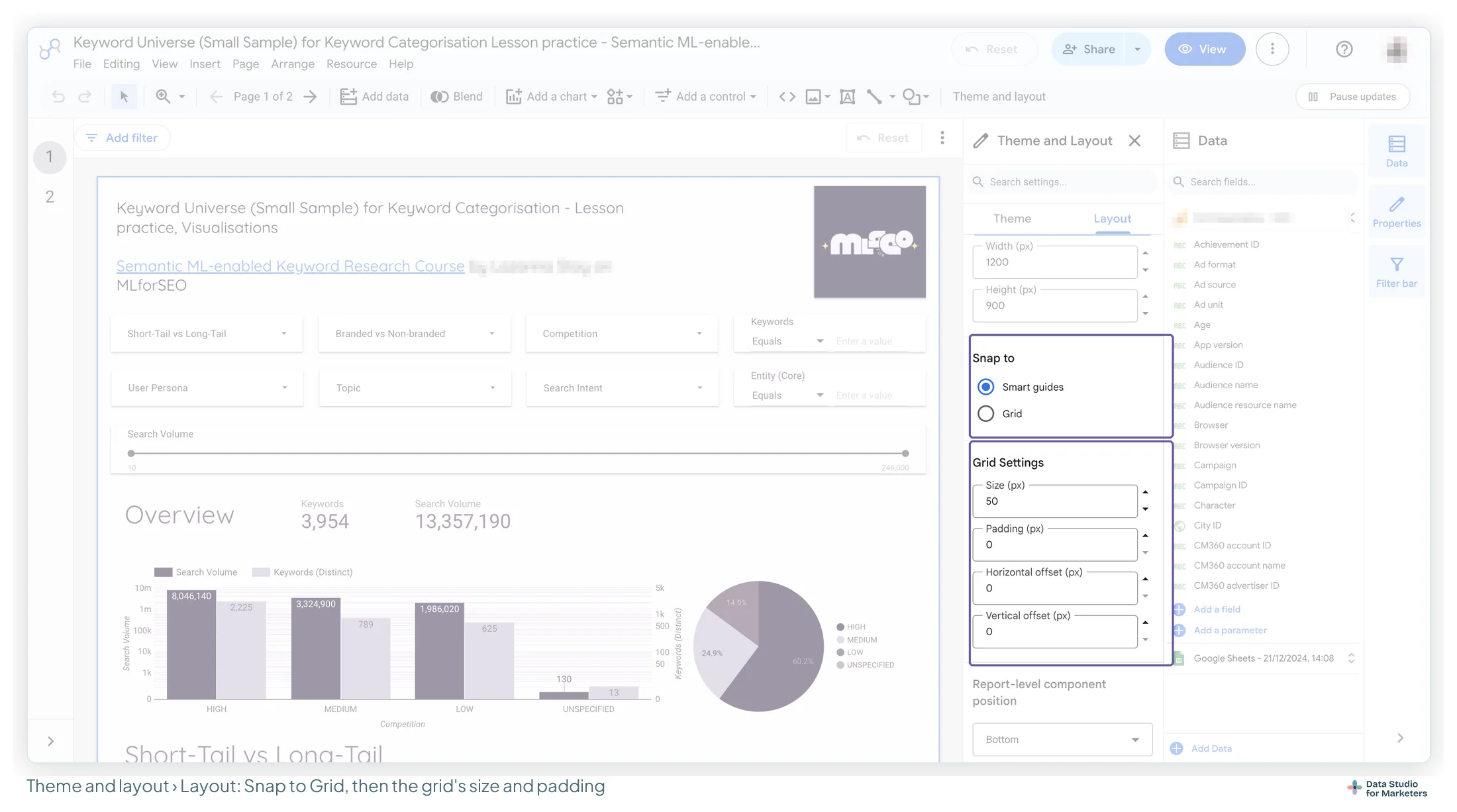 The Data Studio editor with Theme and layout open on the Layout tab, Snap to set to Grid and the Grid Settings fields for size, padding and horizontal and vertical offset highlighted, beside a report page of filters and bar charts