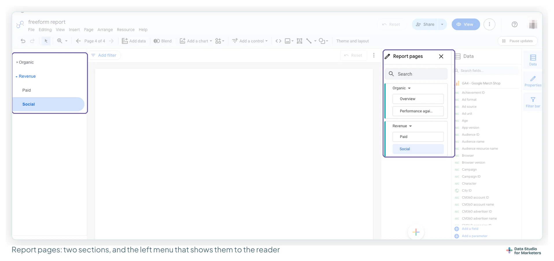 The Data Studio Report pages panel listing two sections, Organic with Overview and a performance page, and Revenue with Paid and Social, next to the report's left navigation menu showing the same sections with Social selected