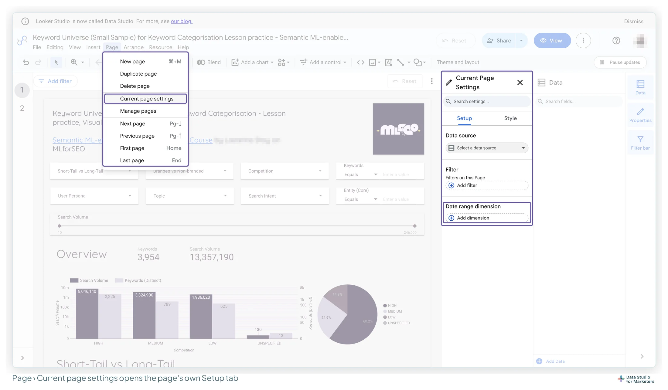 The Data Studio Page menu open with Current page settings highlighted, and the Current Page Settings panel beside it with Setup and Style tabs, Data source, Filters on this page and Date range dimension