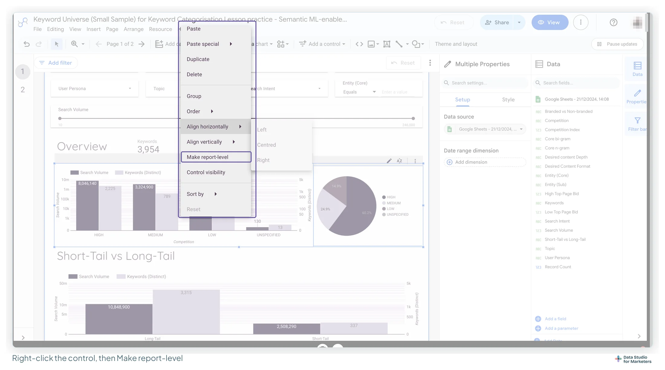 The Data Studio right-click menu on two selected charts, with Make report-level highlighted between Align vertically and Control visibility