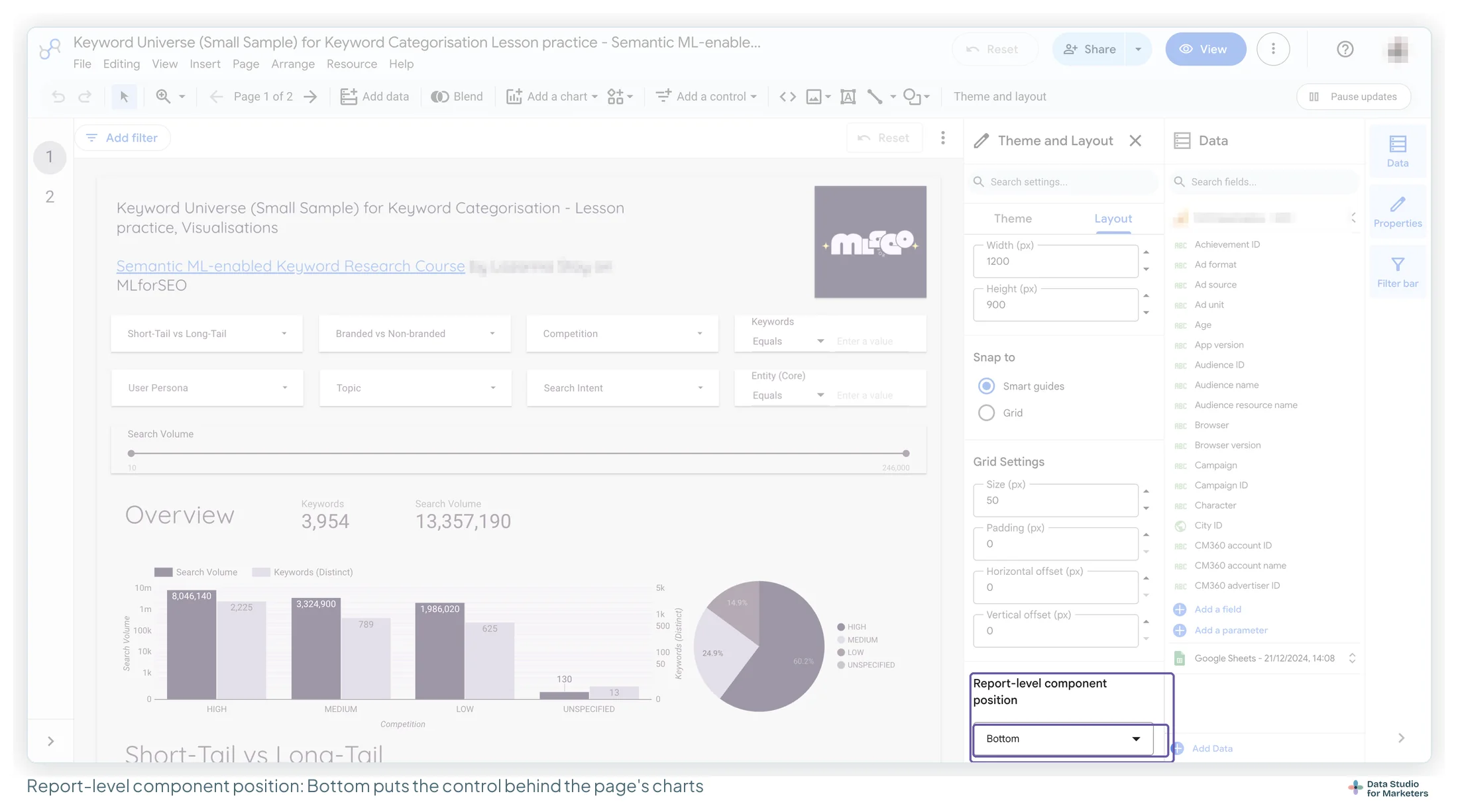 The Theme and Layout panel on the Layout tab, scrolled to Report-level component position, which is set to Bottom