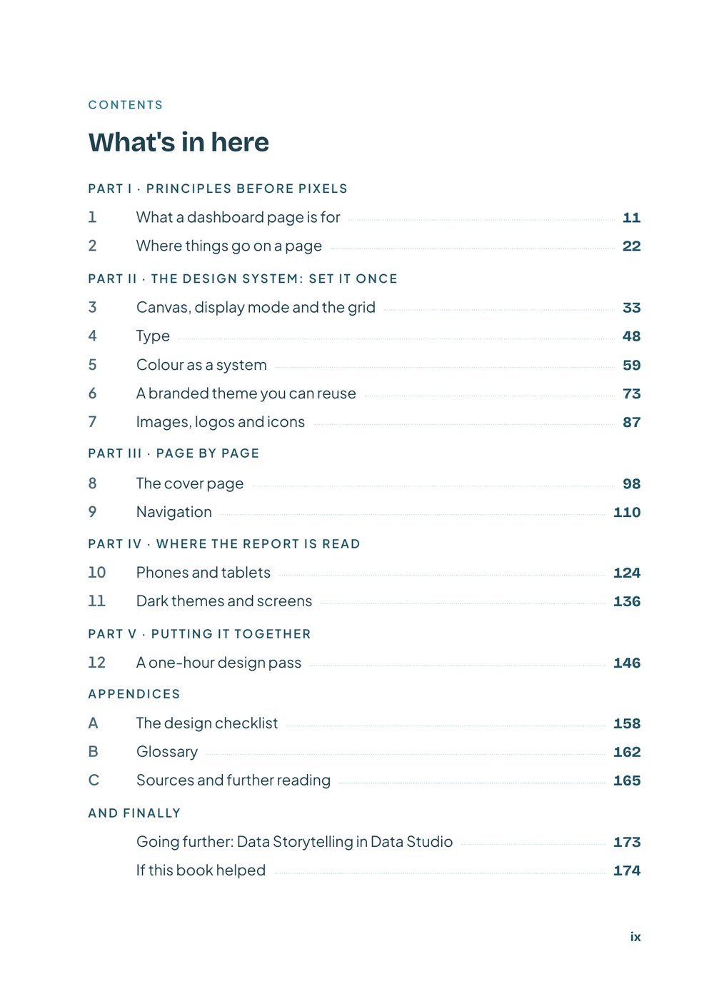 The Marketer's Guide to Dashboard Design, contents page