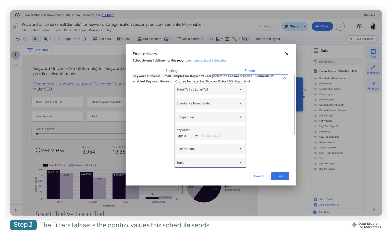 The Filters tab of the free Data Studio Email delivery dialog, listing the report's filter controls whose values can be set for this one schedule