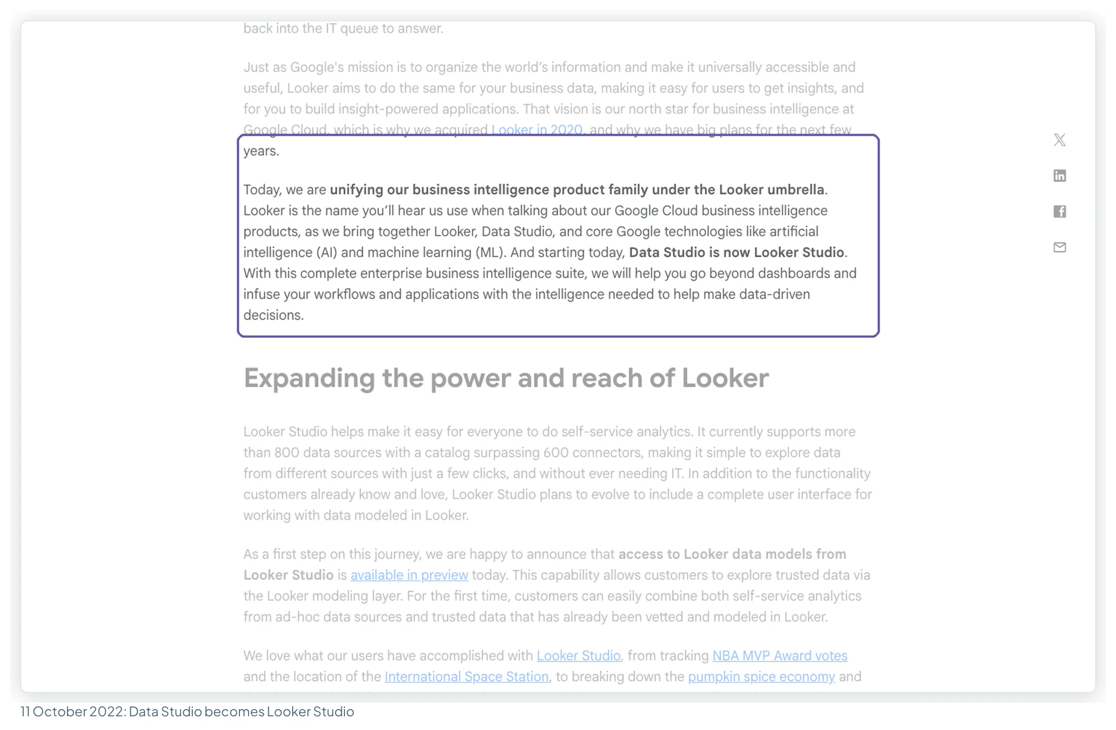 Google Cloud blog post of 11 October 2022 with the paragraph highlighted that says Google is unifying its BI products under the Looker umbrella and Data Studio is now Looker Studio