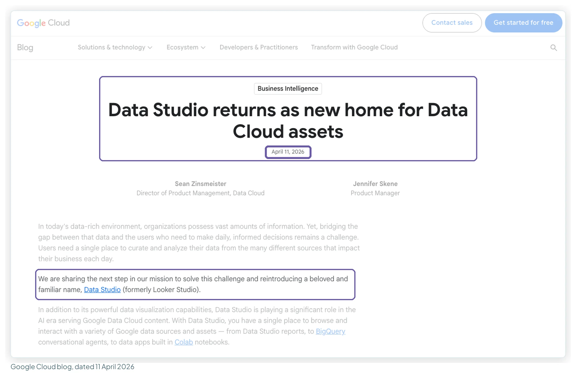 Google Cloud blog post titled Data Studio returns as new home for Data Cloud assets, with the date April 11, 2026 boxed and the sentence reintroducing Data Studio, formerly Looker Studio, highlighted