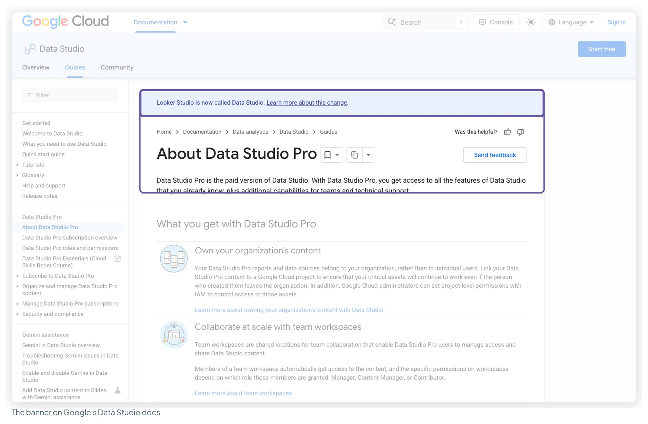 Google's About Data Studio Pro documentation page with the banner Looker Studio is now called Data Studio highlighted at the top