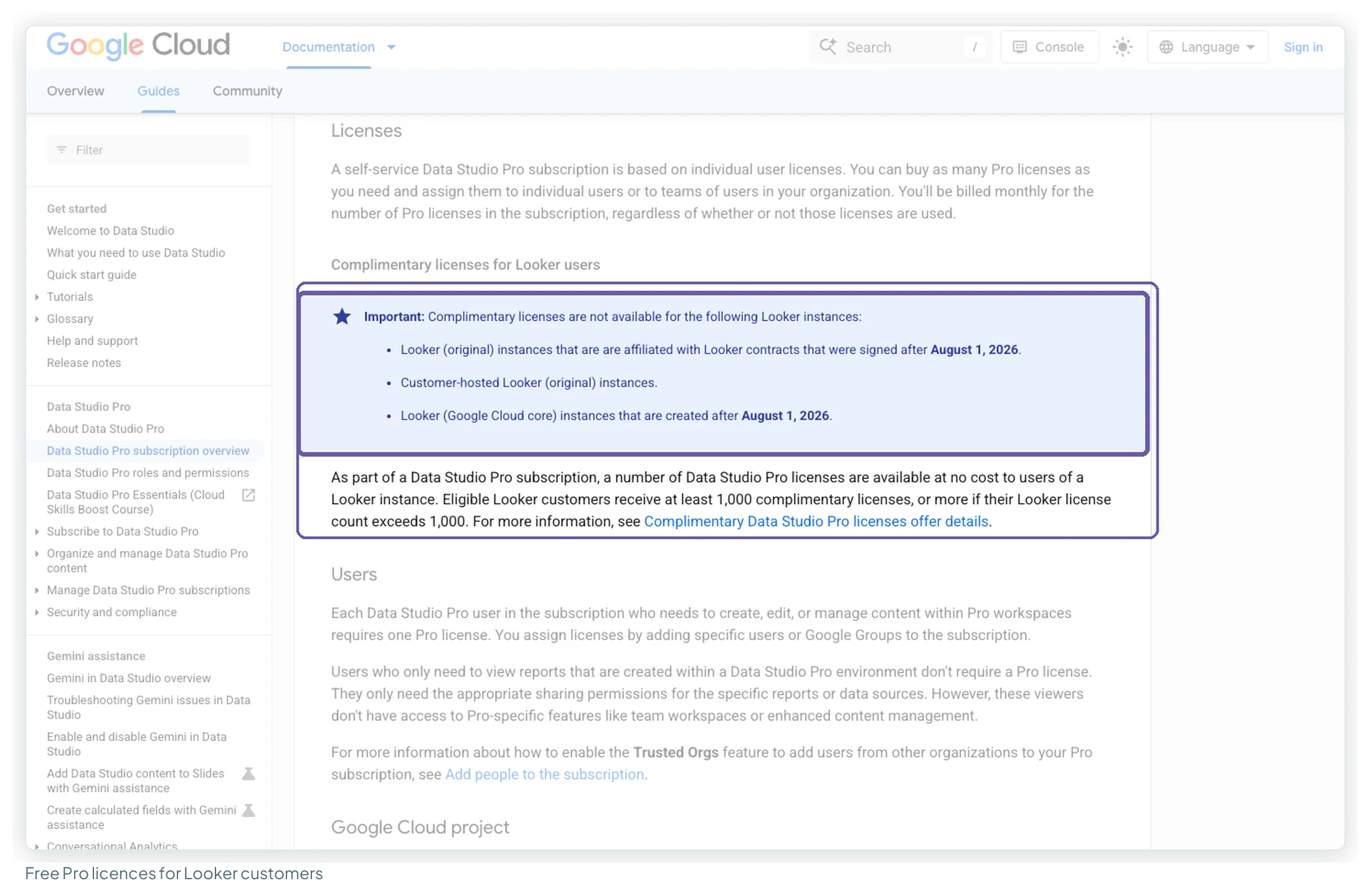 Google's Data Studio Pro subscription overview with the Important box listing the Looker instances that can't get complimentary licences after August 1, 2026, highlighted