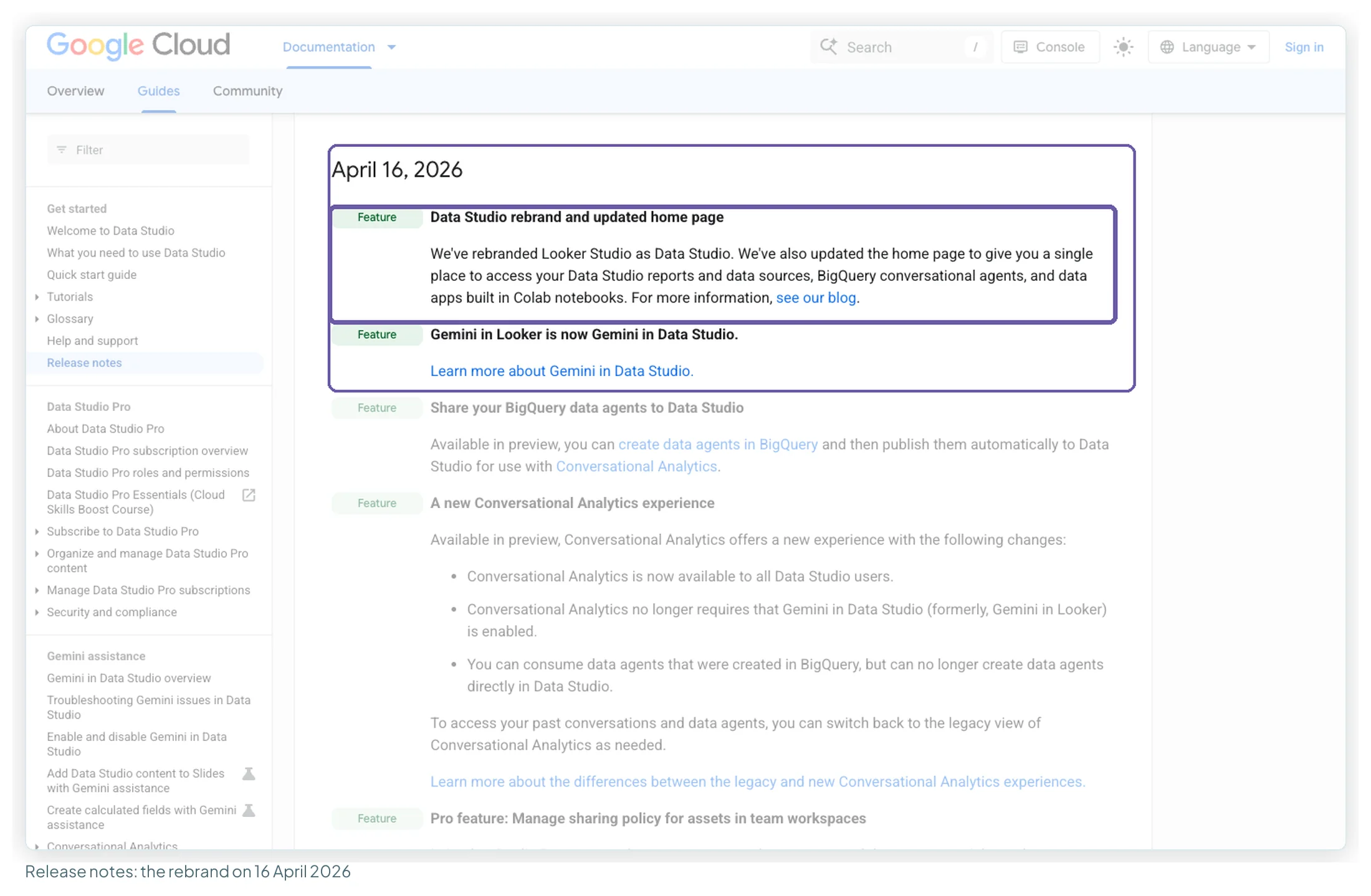 Data Studio release notes for April 16, 2026, with the entries Data Studio rebrand and updated home page, and Gemini in Looker is now Gemini in Data Studio, highlighted