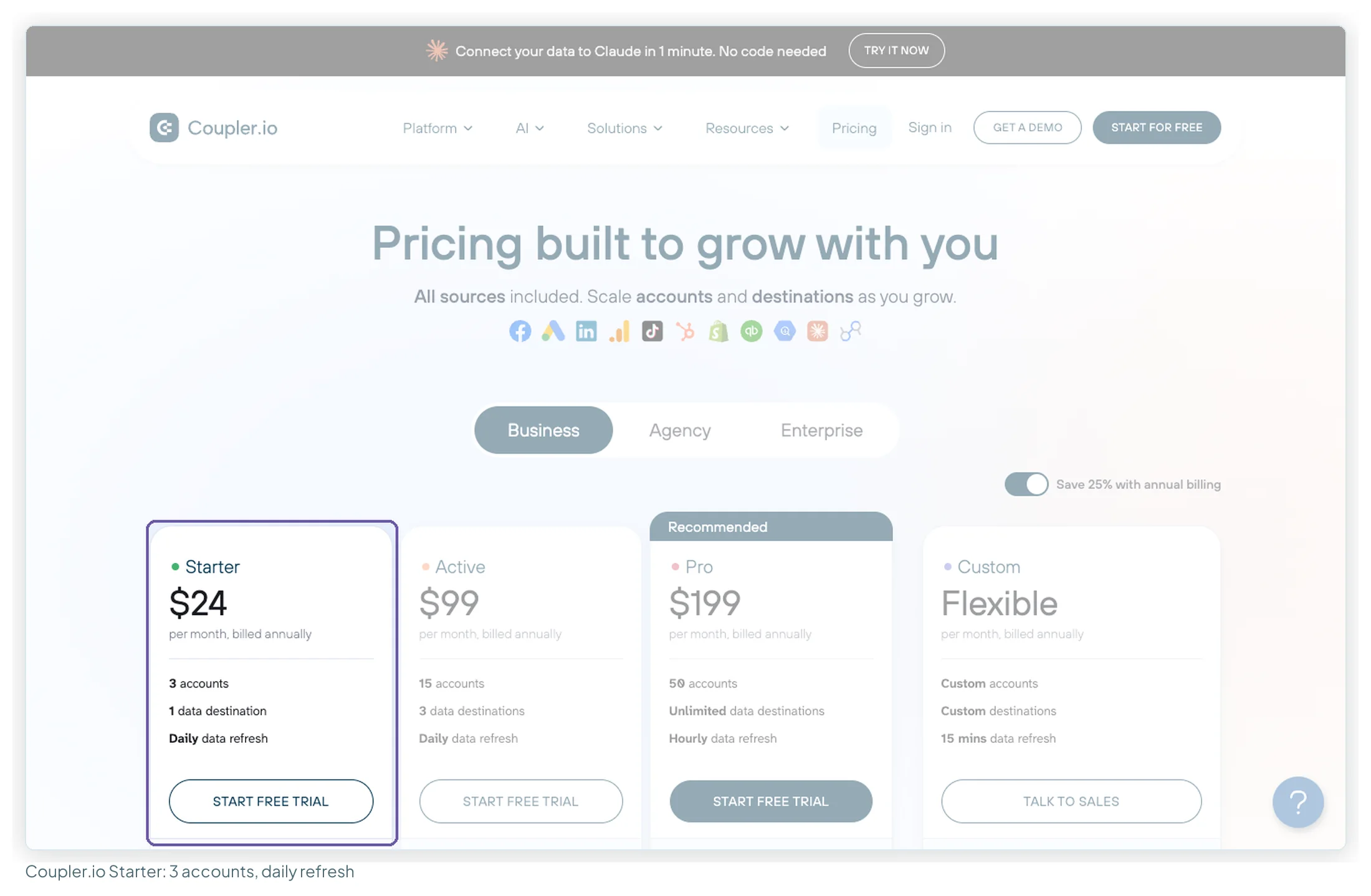 Coupler.io's pricing page with annual billing on, the Starter plan highlighted at $24 a month for 3 accounts, 1 data destination and daily refresh