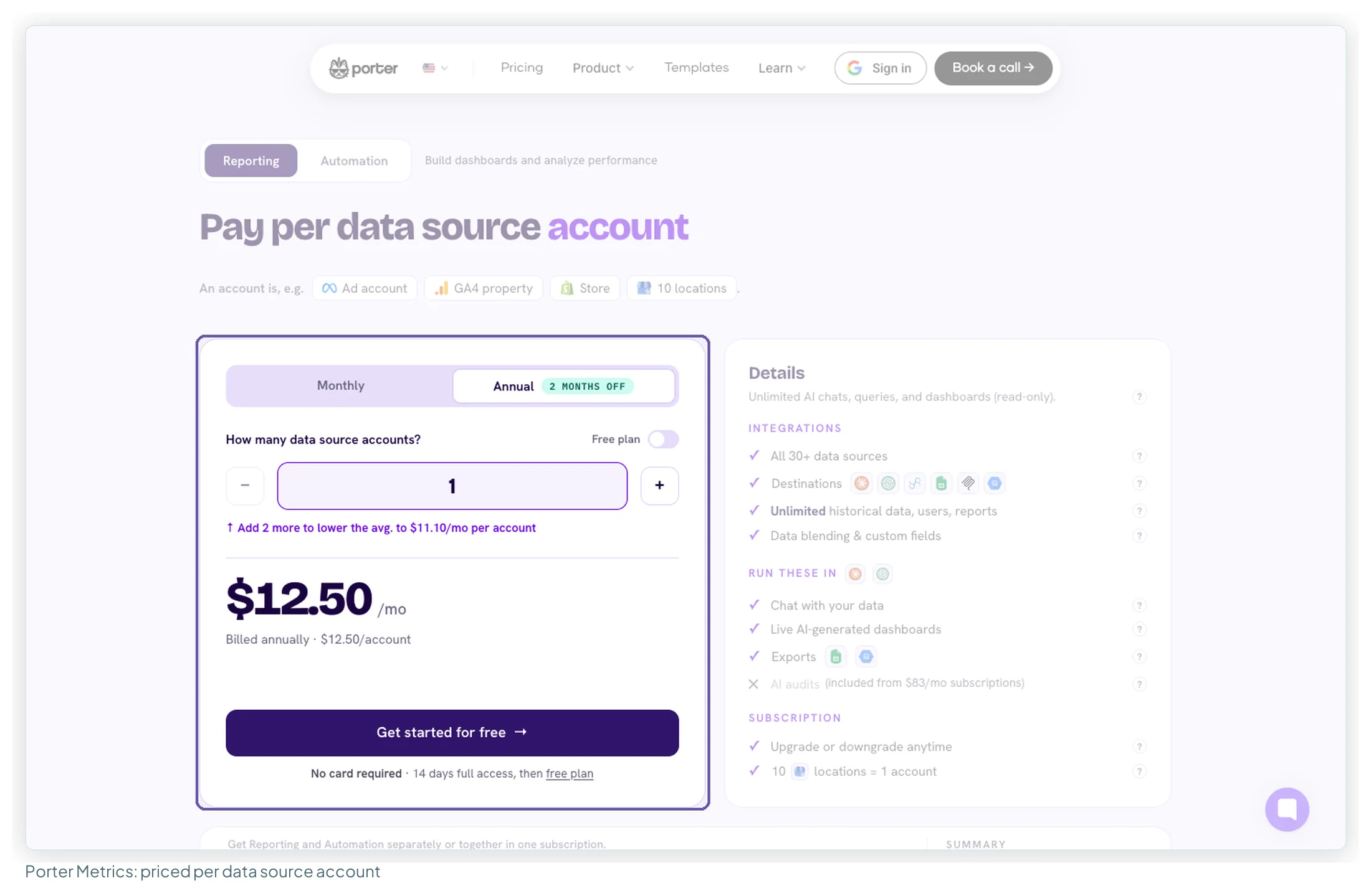 Porter Metrics' pricing page on the annual toggle with one data source account selected, showing $12.50 a month billed annually and a prompt that adding two more accounts lowers the average to $11.10
