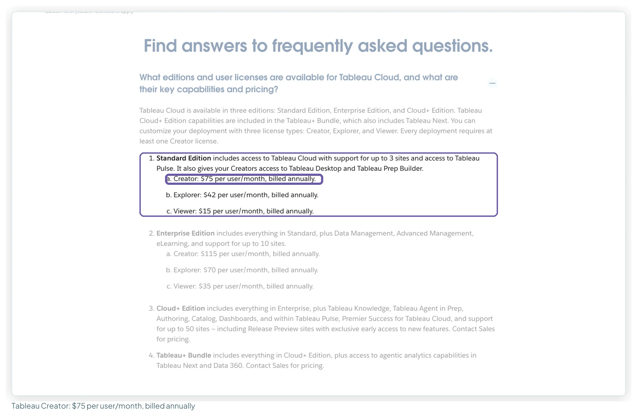 Tableau's pricing FAQ listing Standard Edition role prices, with Creator at $75 per user per month billed annually boxed, then Explorer at $42 and Viewer at $15