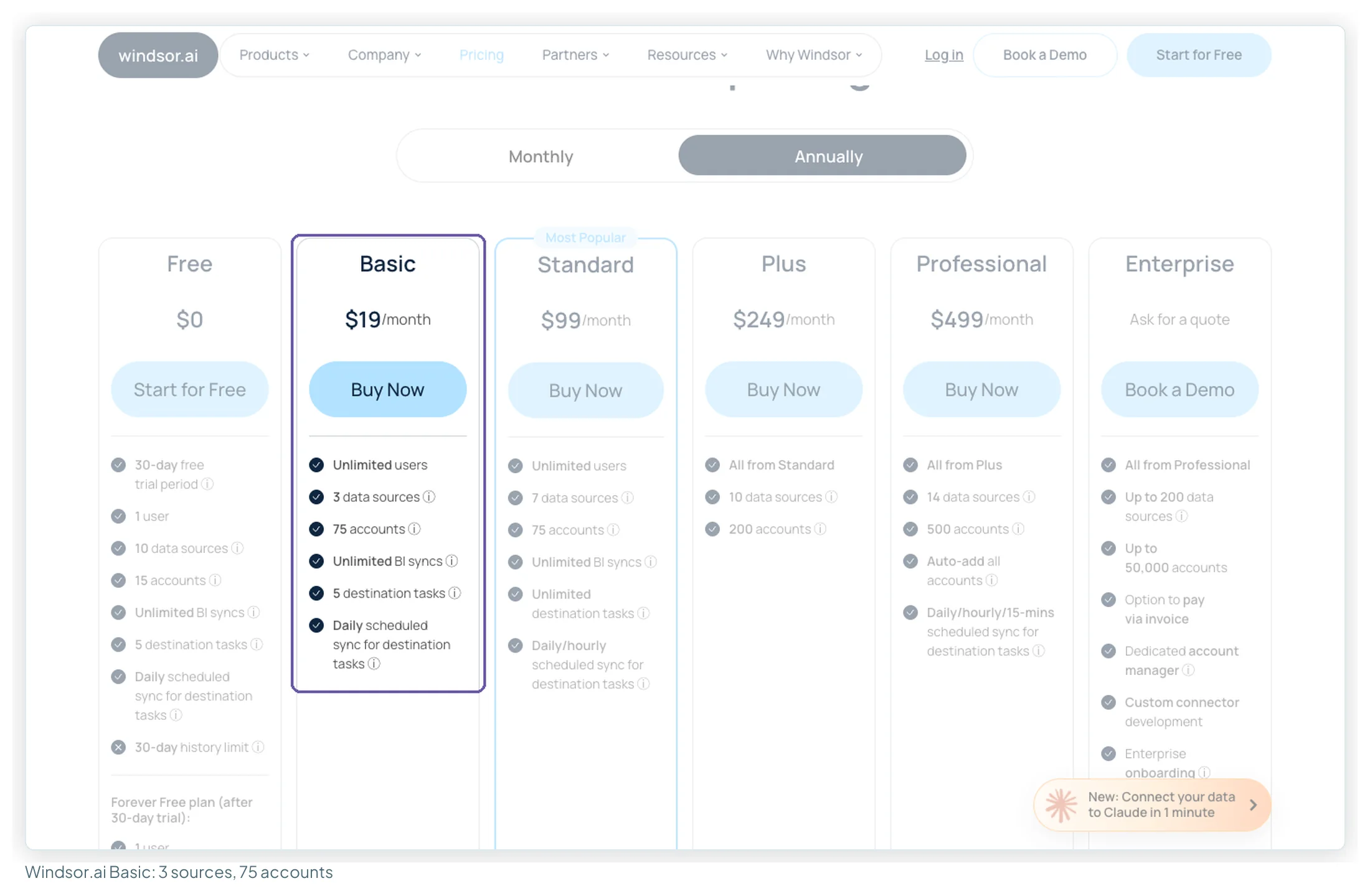 Windsor.ai's pricing page on the annual toggle, with the Basic plan highlighted at $19 a month for unlimited users, 3 data sources and 75 accounts