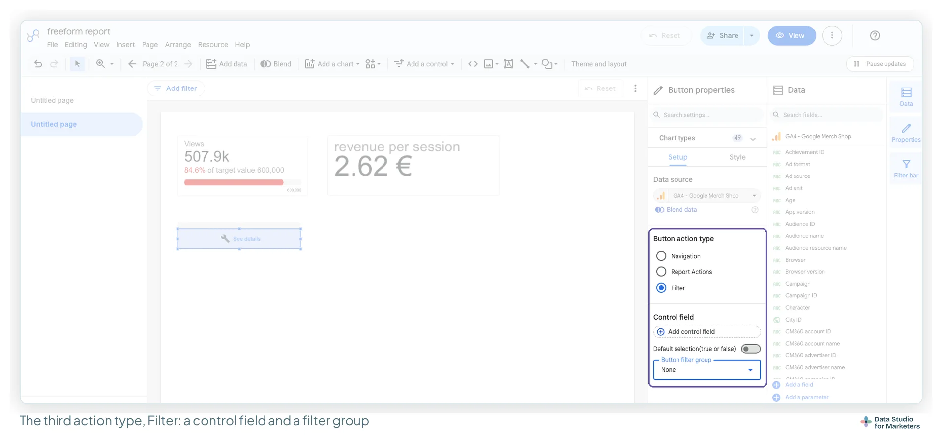 A button's Setup tab with Button action type set to Filter, showing Add control field, a Default selection true or false toggle and a Button filter group drop-down set to None