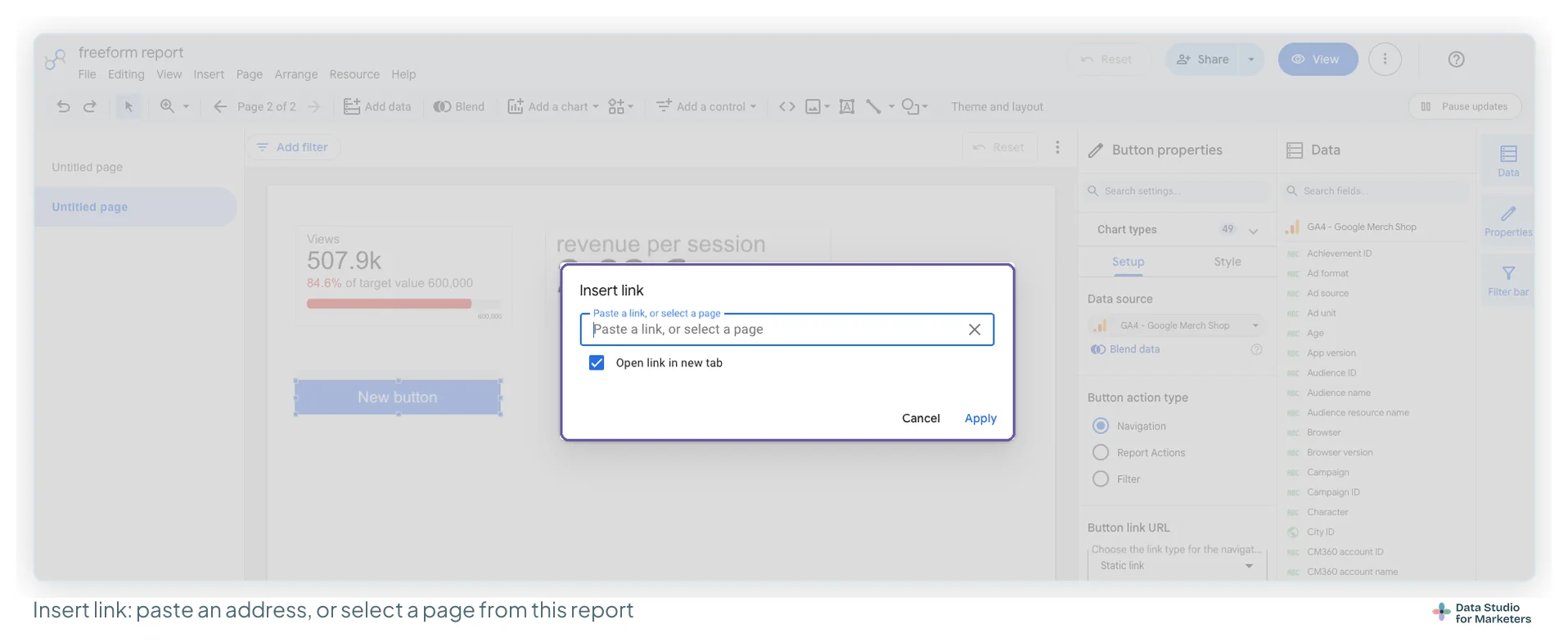 The Insert link dialog over the Data Studio canvas, with a field reading Paste a link, or select a page, an Open link in new tab checkbox ticked, and Cancel and Apply buttons