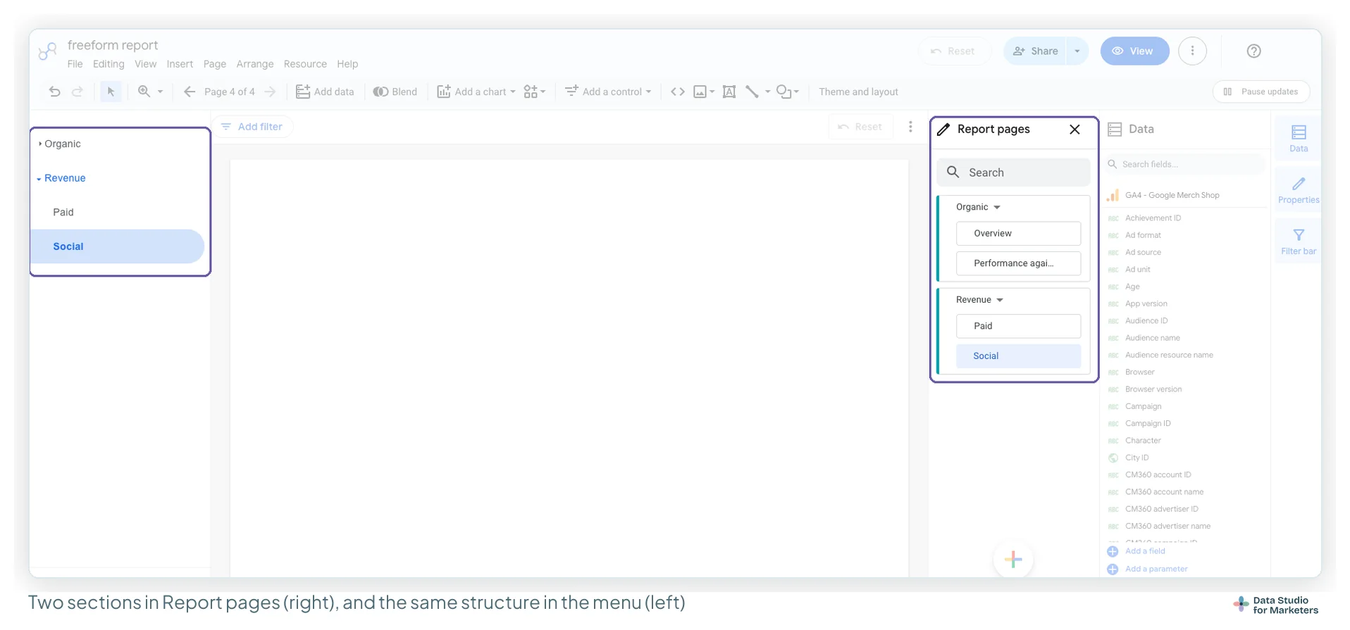 The Data Studio editor with the Report pages panel open on the right, showing two sections, Organic with Overview and Performance against target, and Revenue with Paid and Social, and the same two sections in the page menu on the left with Revenue expanded