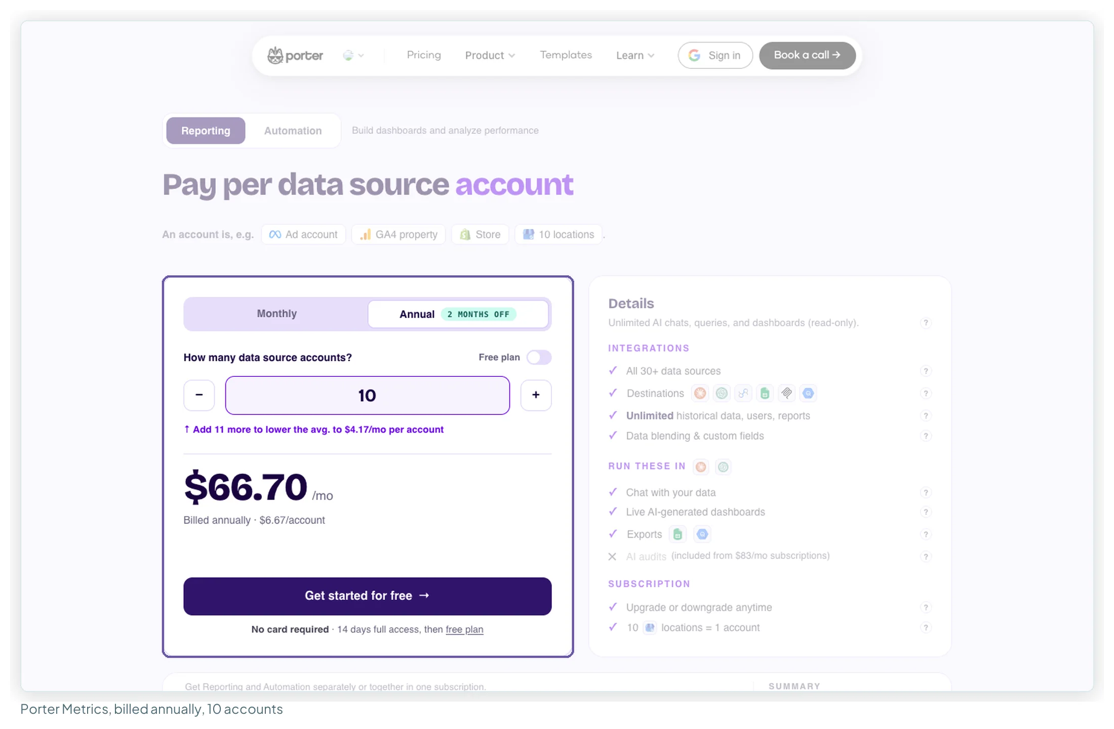 Porter Metrics' pricing calculator set to 10 accounts on annual billing, showing 66.70 dollars a month