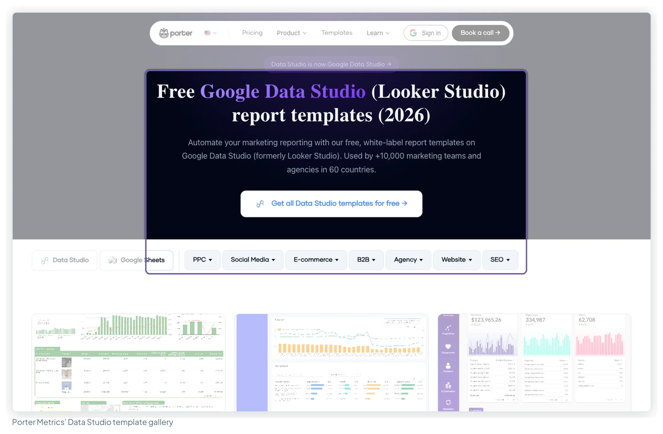 Porter Metrics' free Data Studio report template gallery with filters for PPC, social media, e-commerce and SEO