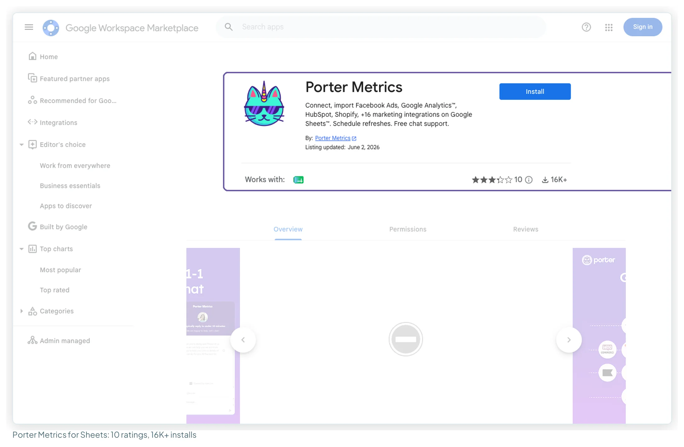 Porter Metrics' Google Sheets add-on listing with a 3.3 rating from 10 reviews and 16K+ installs