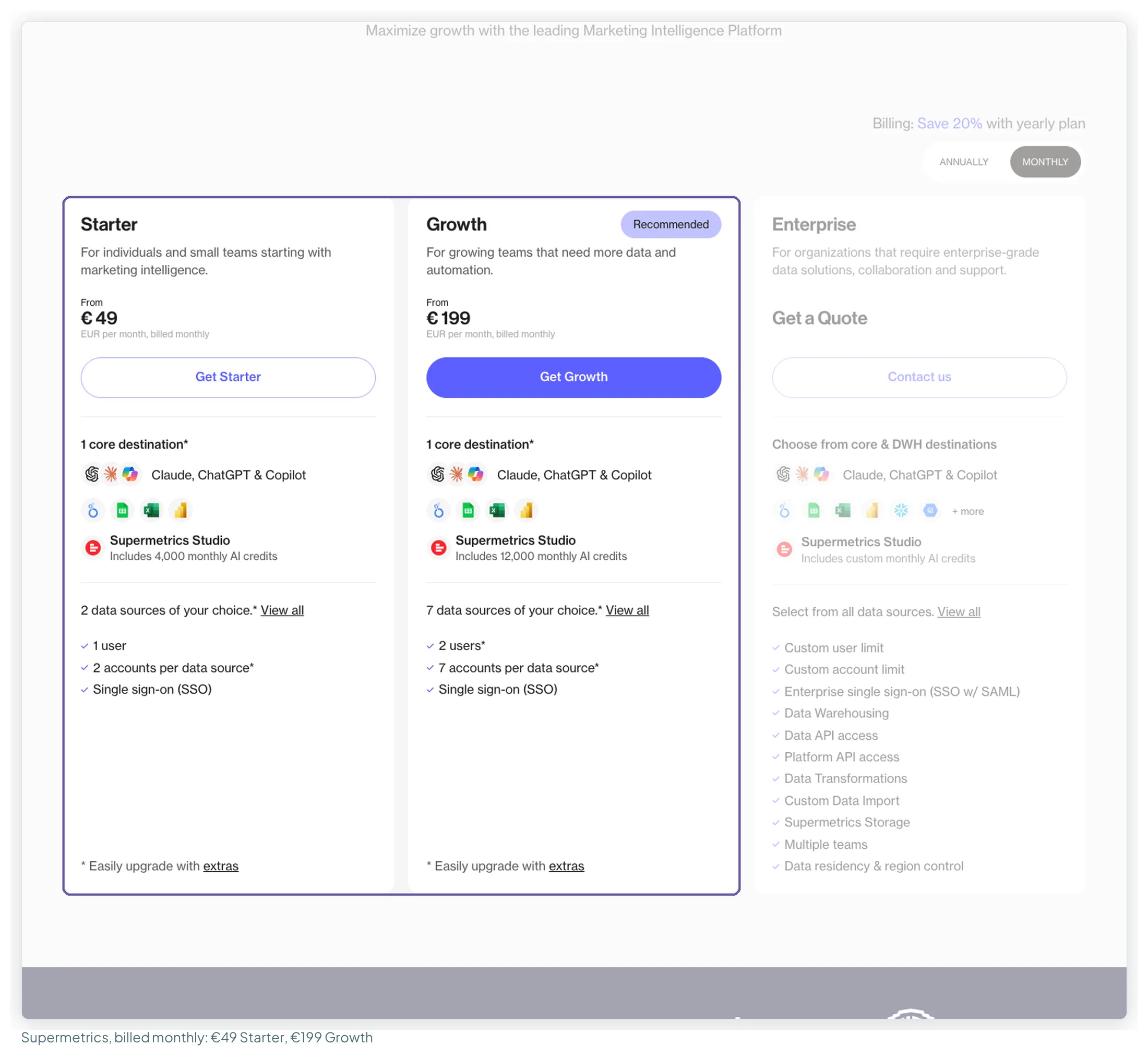 Supermetrics' pricing page on monthly billing showing Starter at 49 euros and Growth at 199 euros