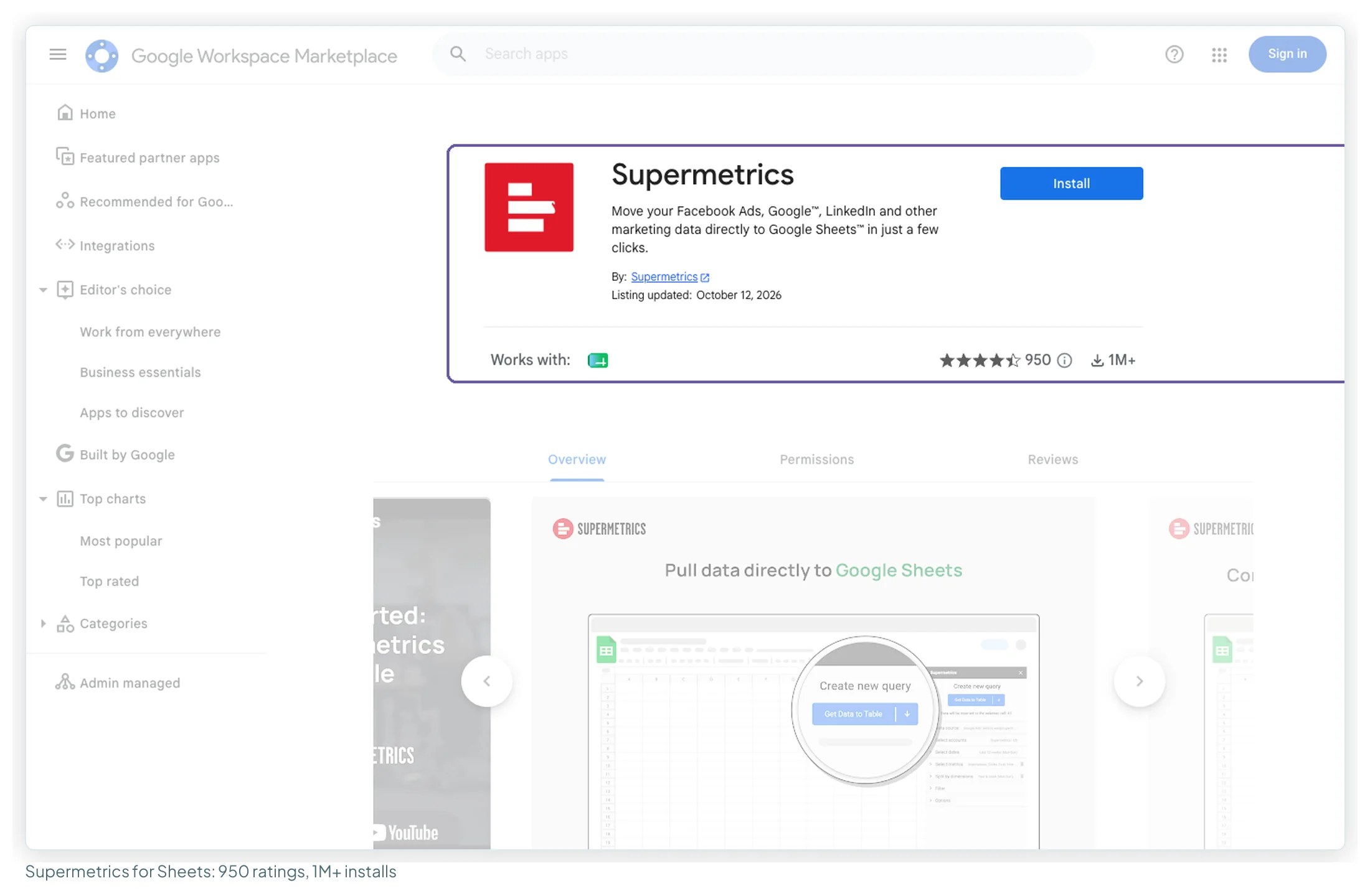 Supermetrics' Google Sheets add-on listing in the Workspace Marketplace, with a rating from 950 reviews and over a million installs