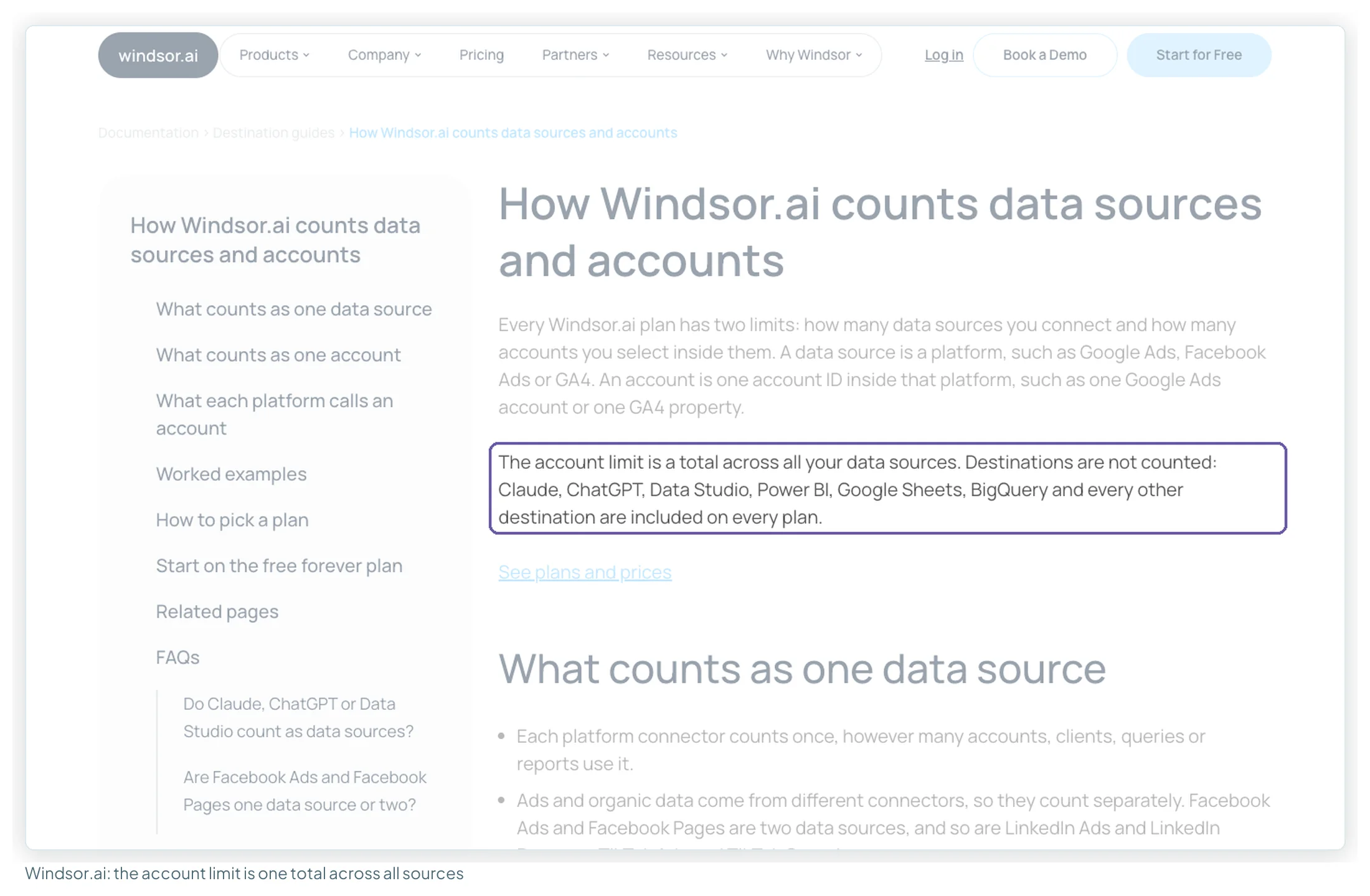 Windsor.ai's documentation page stating that the account limit is a total across all data sources and that destinations are not counted