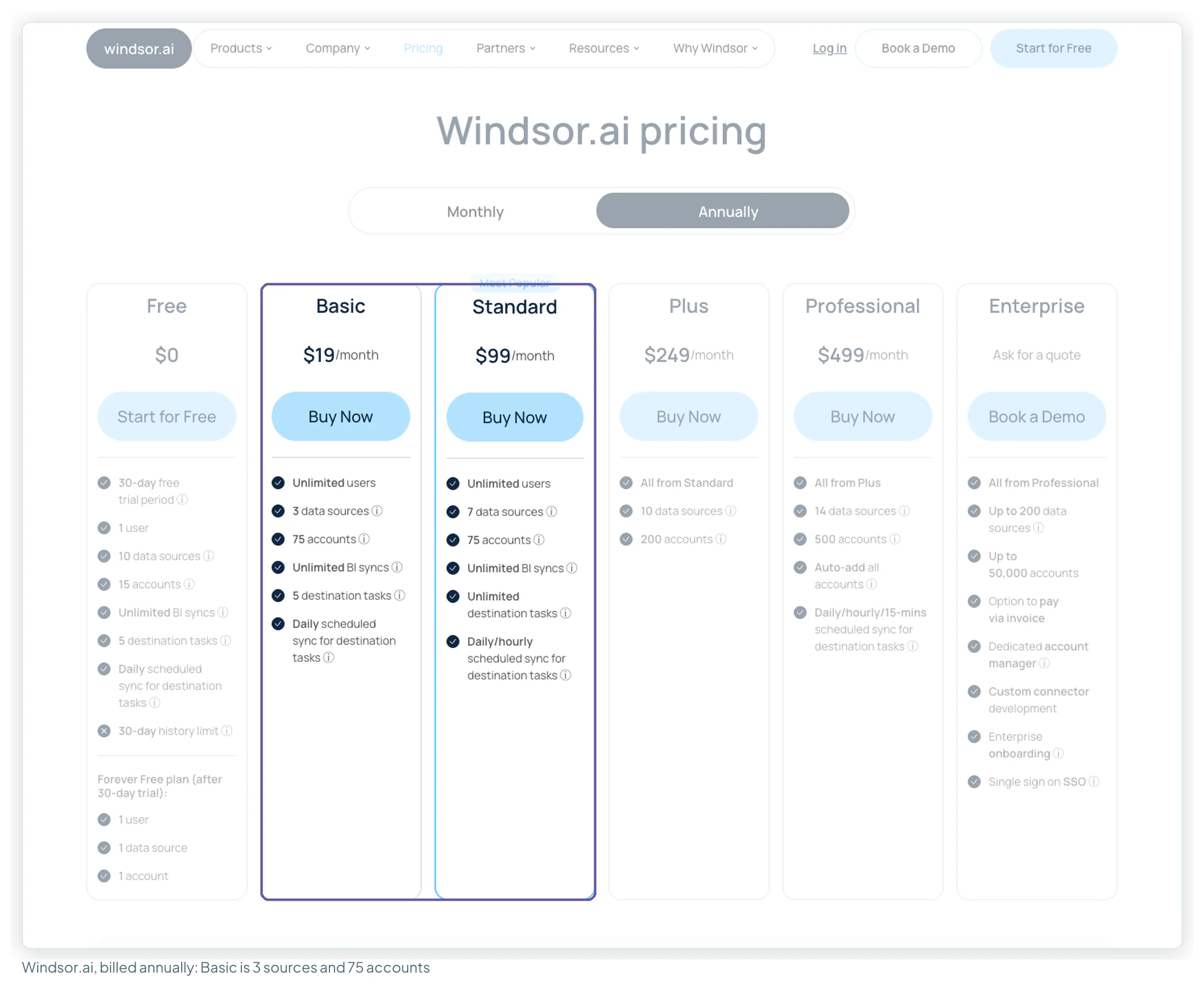 Windsor.ai's pricing page on annual billing with Basic at 19 dollars and Standard at 99 dollars highlighted, listing 3 and 7 data sources and 75 accounts