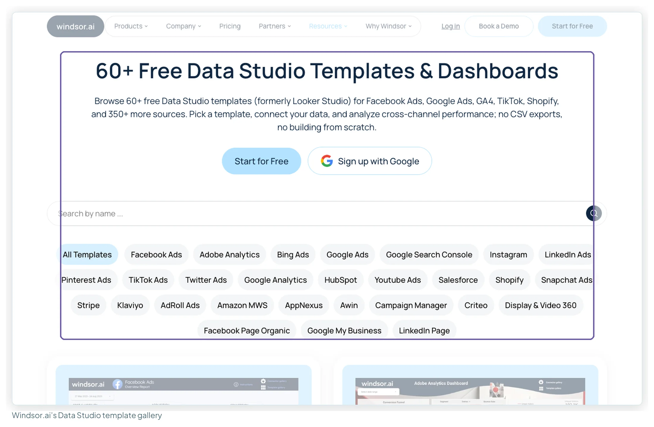Windsor.ai's Data Studio template gallery headed 60+ Free Data Studio Templates and Dashboards, with filters by source