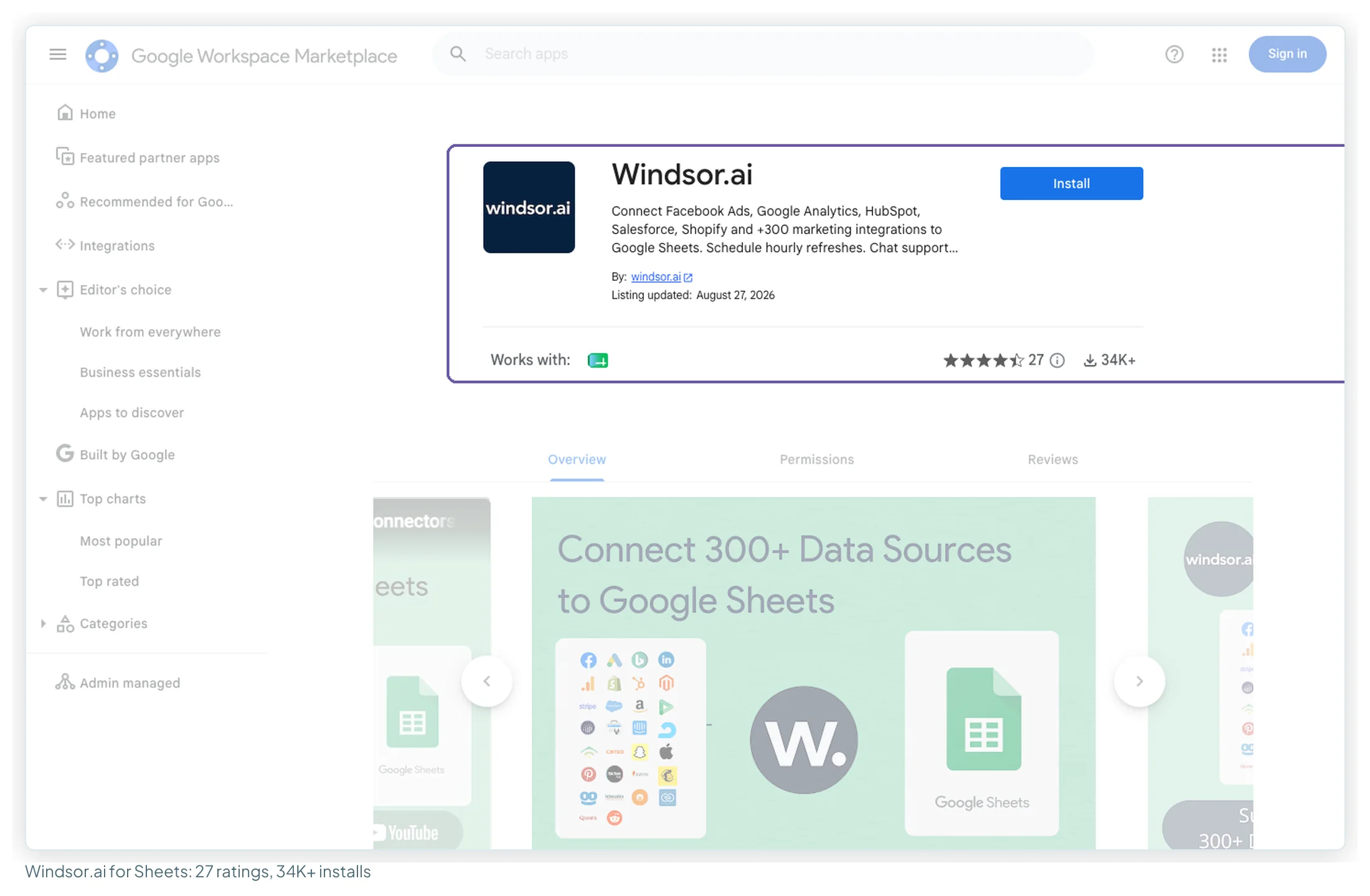 Windsor.ai's Google Sheets add-on listing with a rating from 27 reviews and 34K+ installs