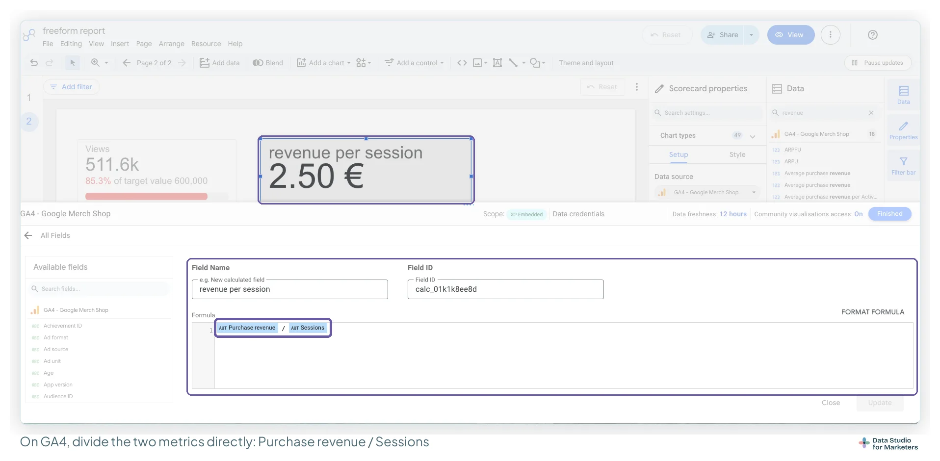 Data Studio's calculated field editor on the GA4 Google Merch Shop source: Field Name revenue per session, and the Formula Purchase revenue divided by Sessions with no SUM. Above it, the scorecard reads revenue per session 2.50 €