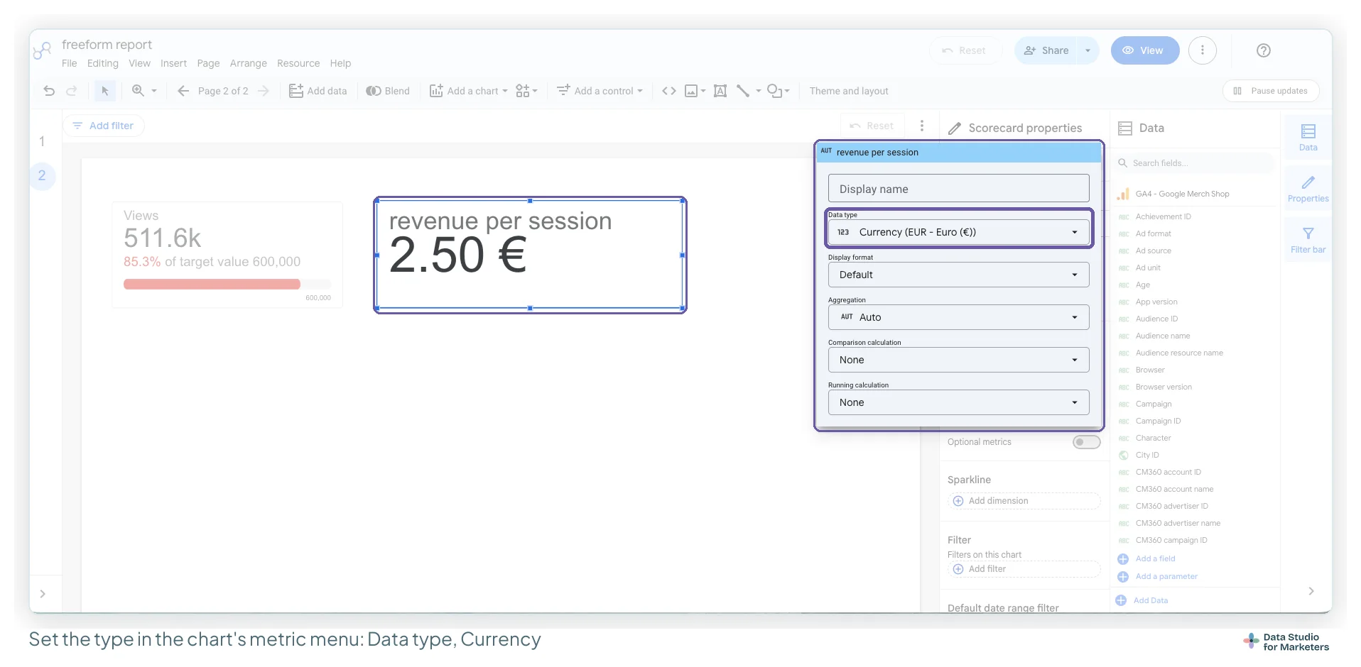 The revenue per session metric's menu in the scorecard's Setup tab: Data type Currency (EUR - Euro (€)) highlighted, then Display format Default, Aggregation Auto, Comparison calculation None and Running calculation None