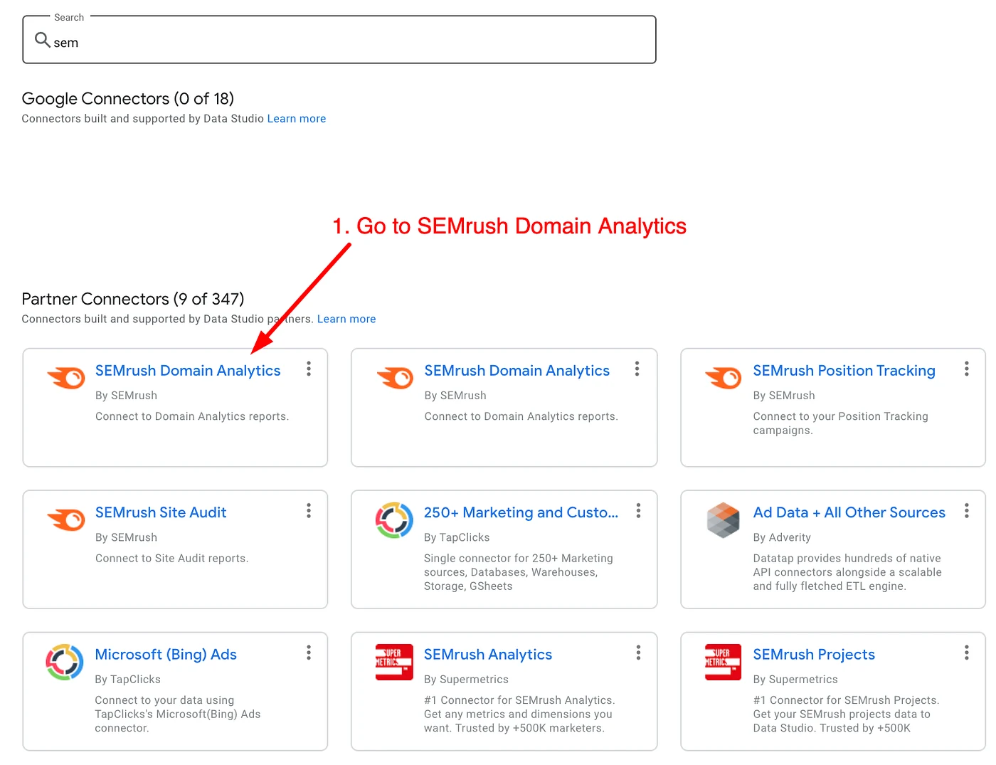 The Data Studio connector gallery in 2021 searched for sem, with an arrow to the SEMrush Domain Analytics partner connector among SEMrush Position Tracking, SEMrush Site Audit and third-party Semrush connectors