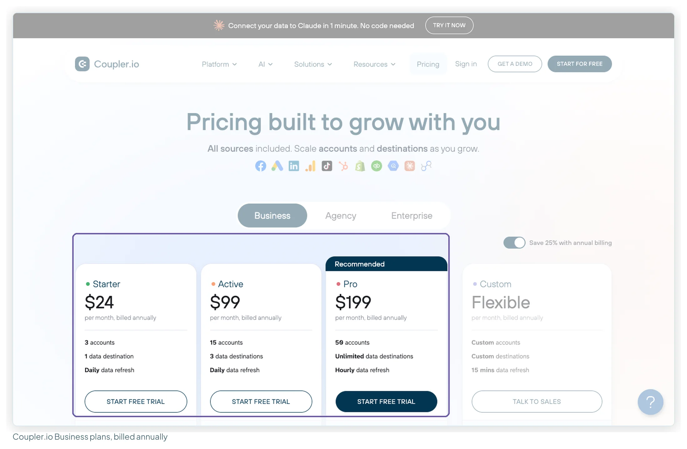 Coupler.io's pricing page with annual billing on: Starter $24, Active $99, Pro $199 and Custom, each card listing accounts, destinations and refresh frequency