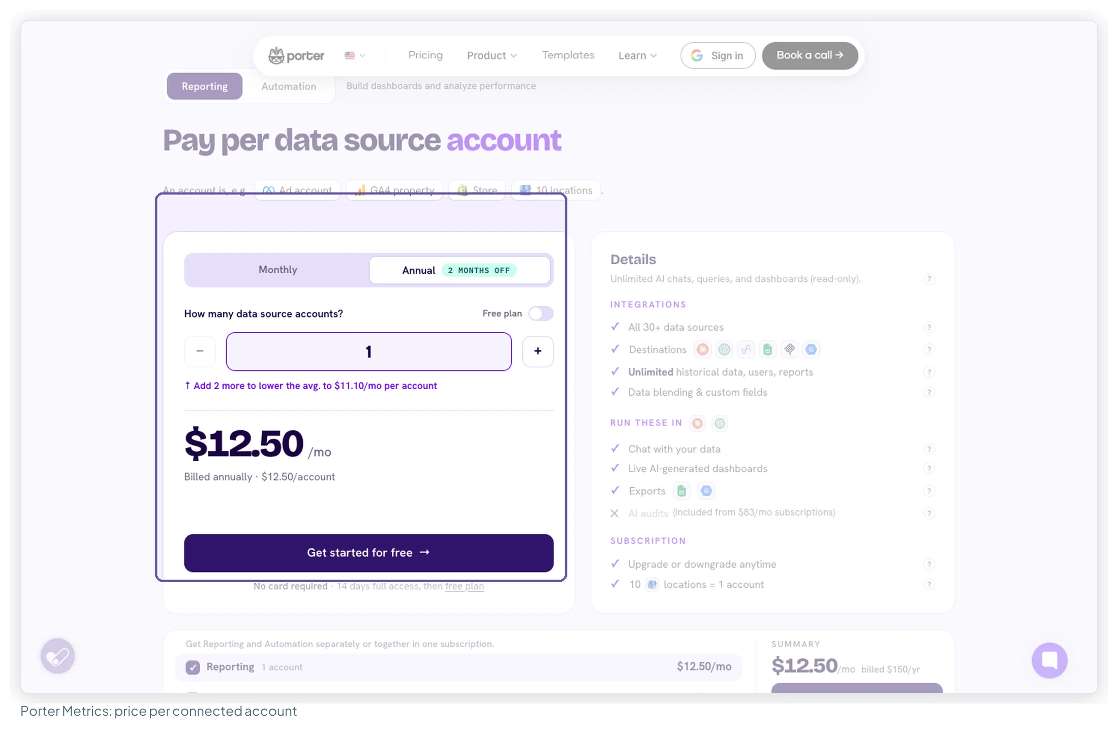 Porter Metrics' pricing page headed Pay per data source account, with the account slider, the Annual toggle and the list of what every plan includes