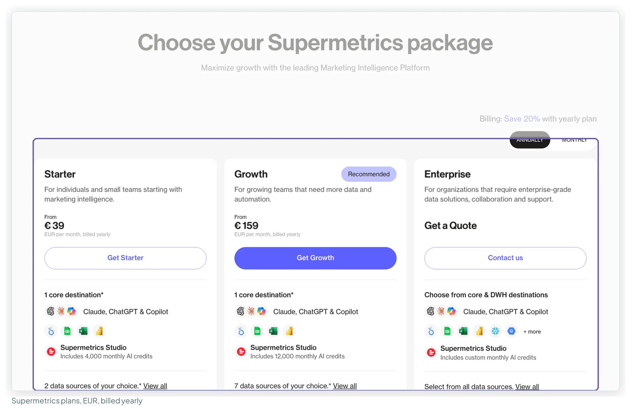 Supermetrics' pricing page on 13 October 2026, yearly billing: Starter from €39 with 2 data sources, Growth from €159 with 7, and Enterprise on quote, with no Pro plan