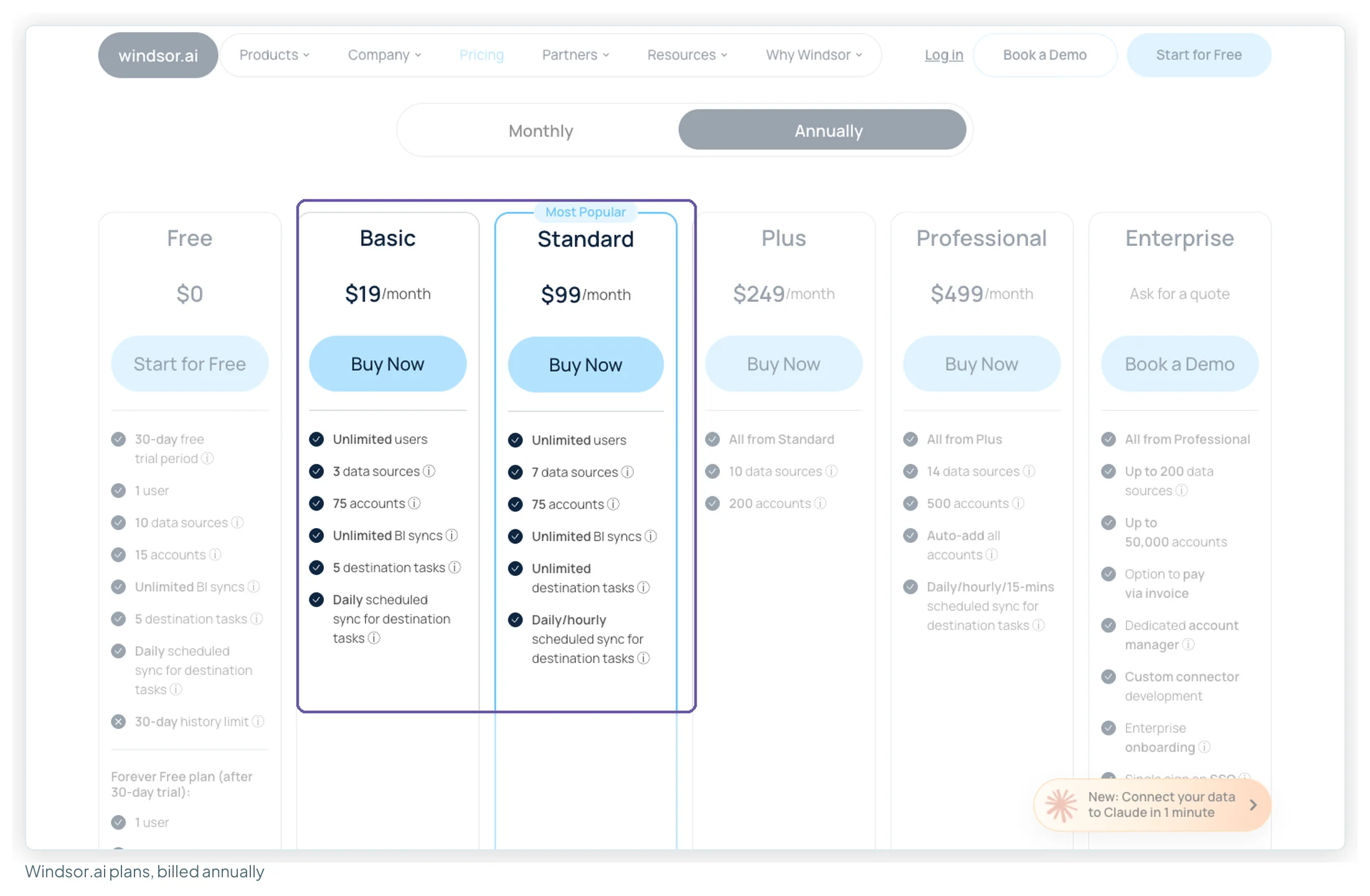 Windsor.ai's pricing page with the Annually toggle on: Free $0, Basic $19, Standard $99, Plus $249, Professional $499 and Enterprise on quote