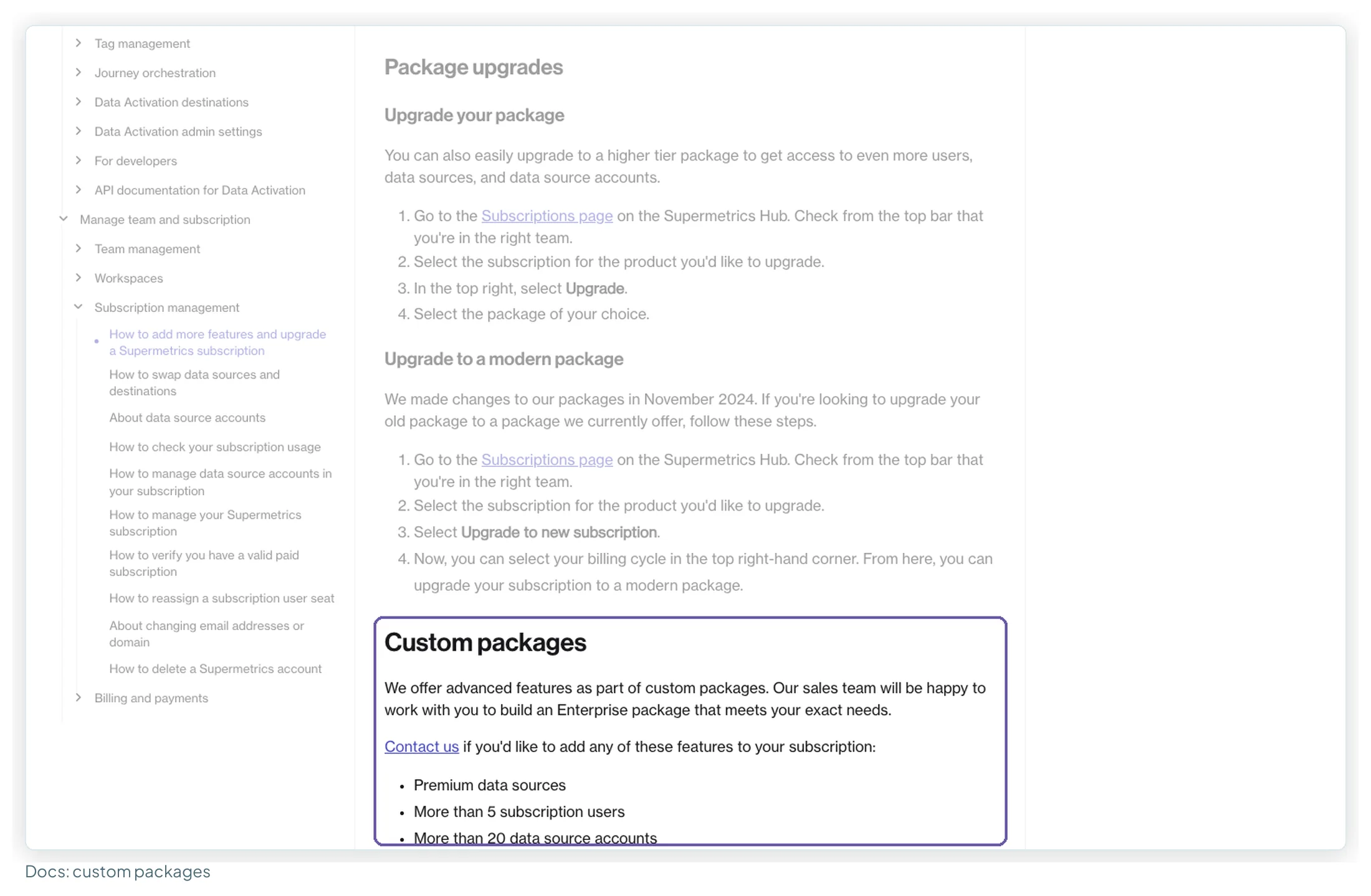 Supermetrics' help article on upgrading a subscription, showing the package upgrade steps and the custom packages list: premium data sources, more than 5 subscription users and more than 20 data source accounts